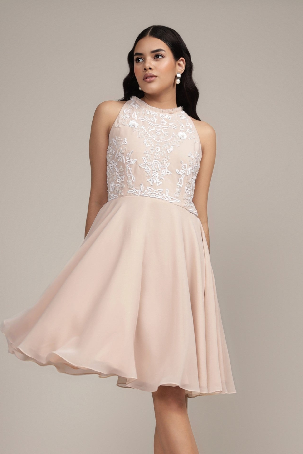 high-neck embroidered beige pink mini dress