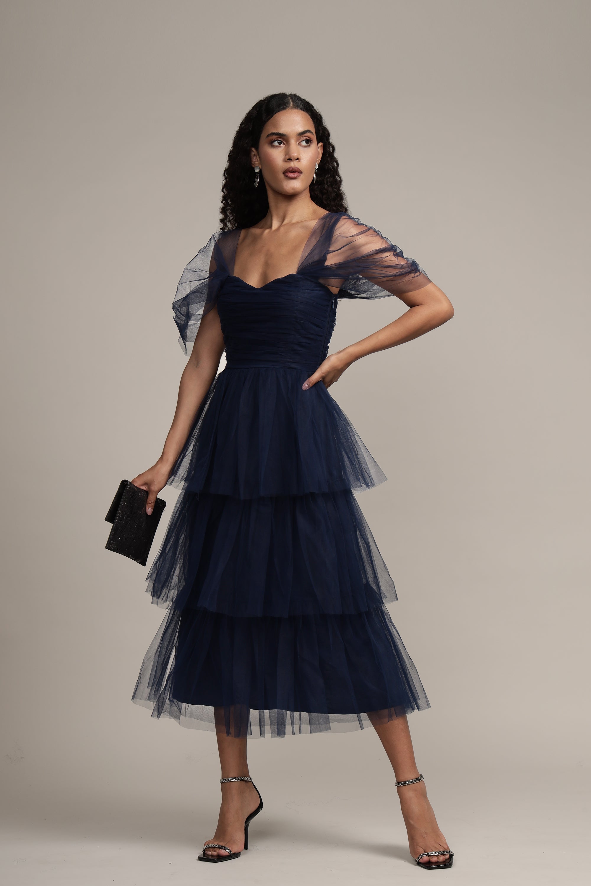 chinese dress ladies Sydney Tulle Midi Dress in Navy
