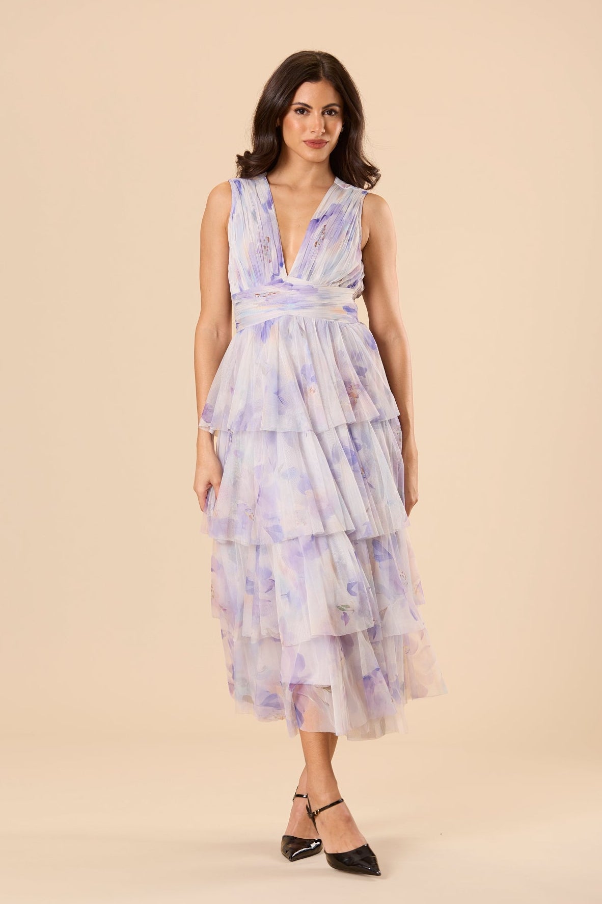 Soft Tulle Spring Summer Lilac Purple Floral Print Sleeveless V Plunging Midi Occasion Dress Wedding Guest