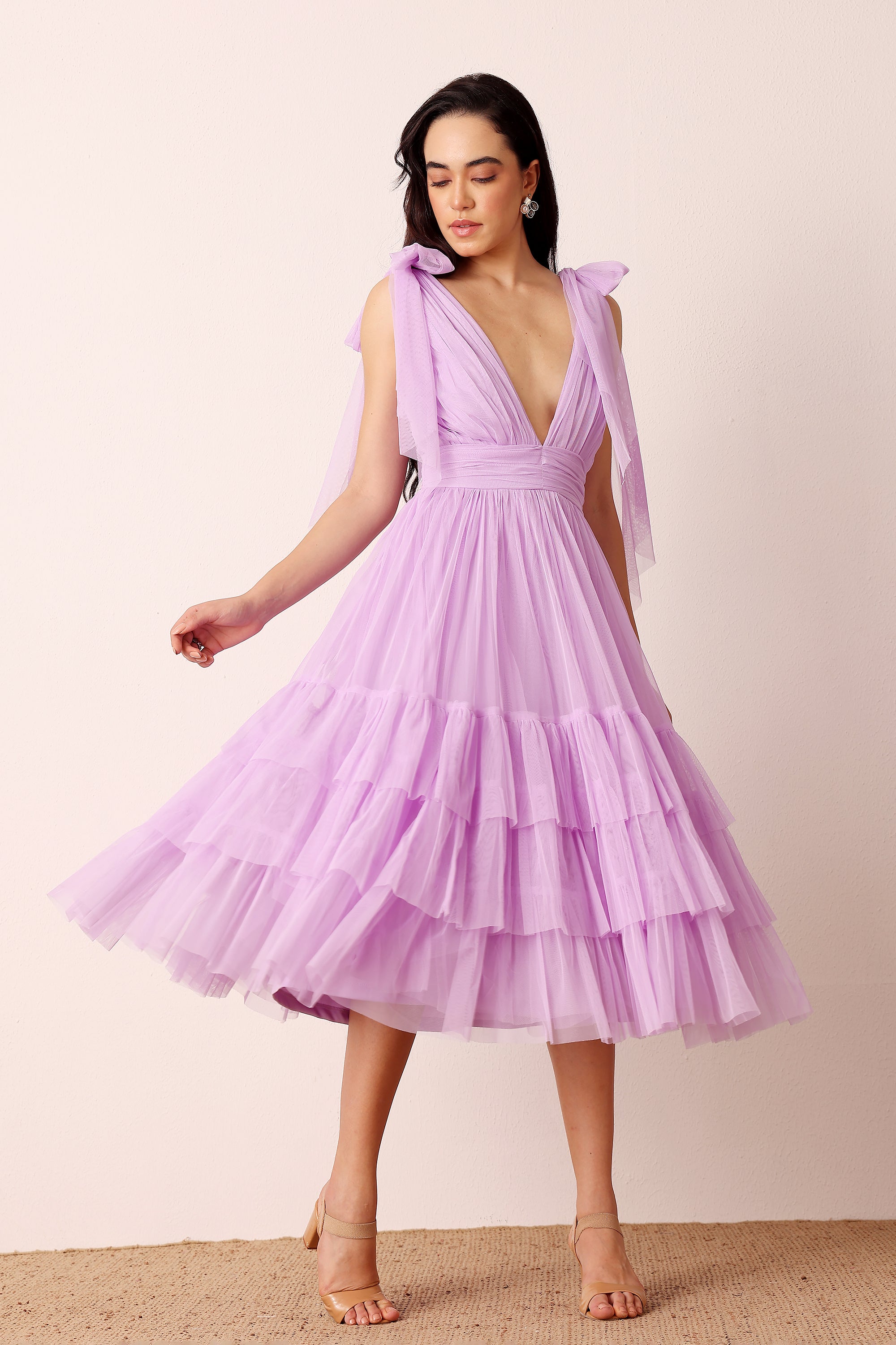 Bow Shoulder Madison Midi Dress in Lilac