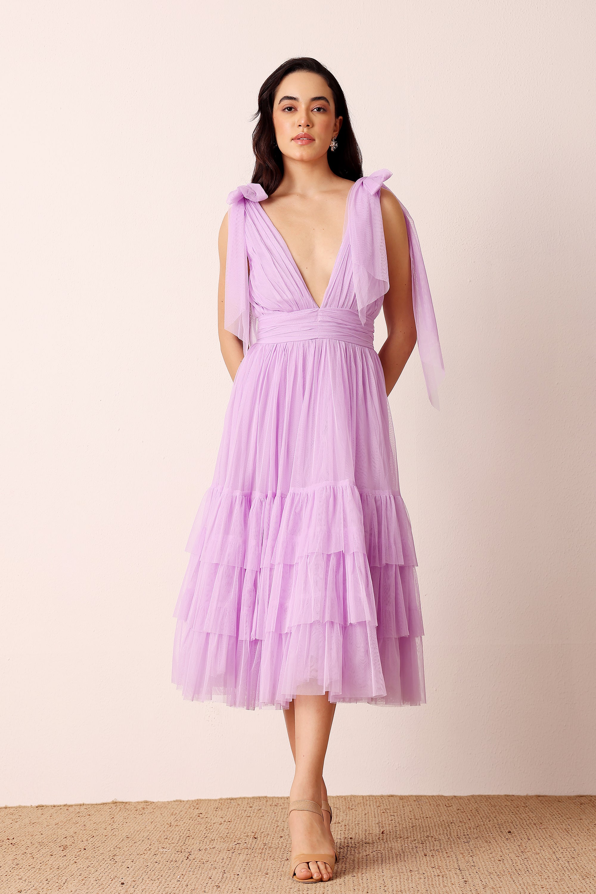 Bow Shoulder Soft Tulle Lilac Tiered Midi Dress