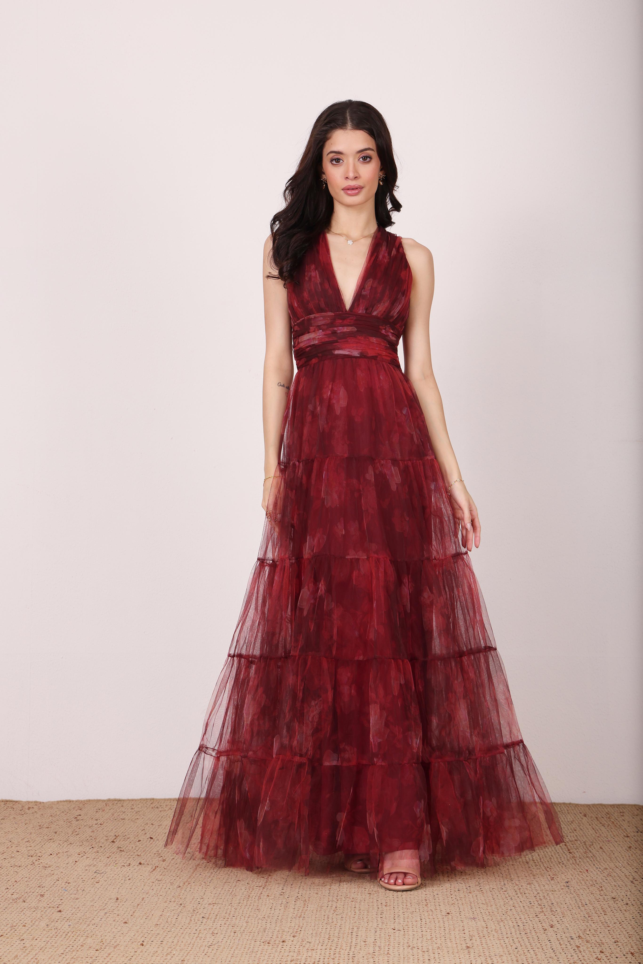 Candace Maxi Dress in Deep Red Floral