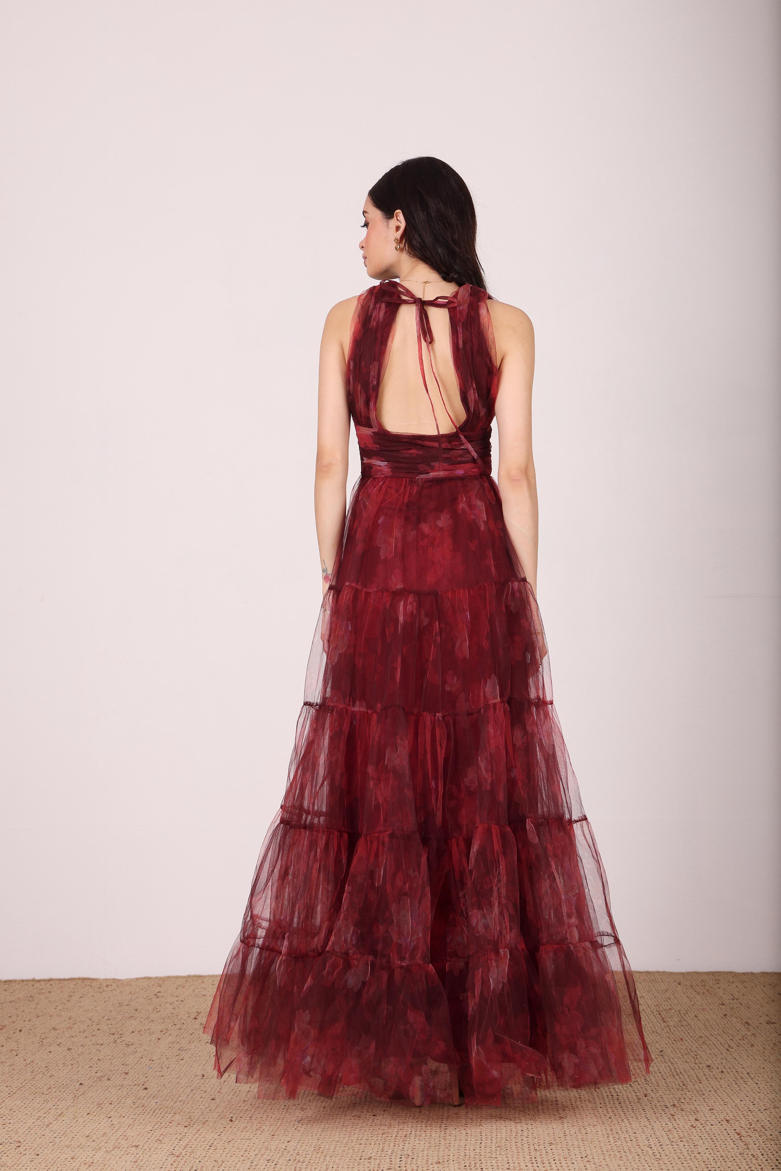 Candace Maxi Dress in Deep Red Floral