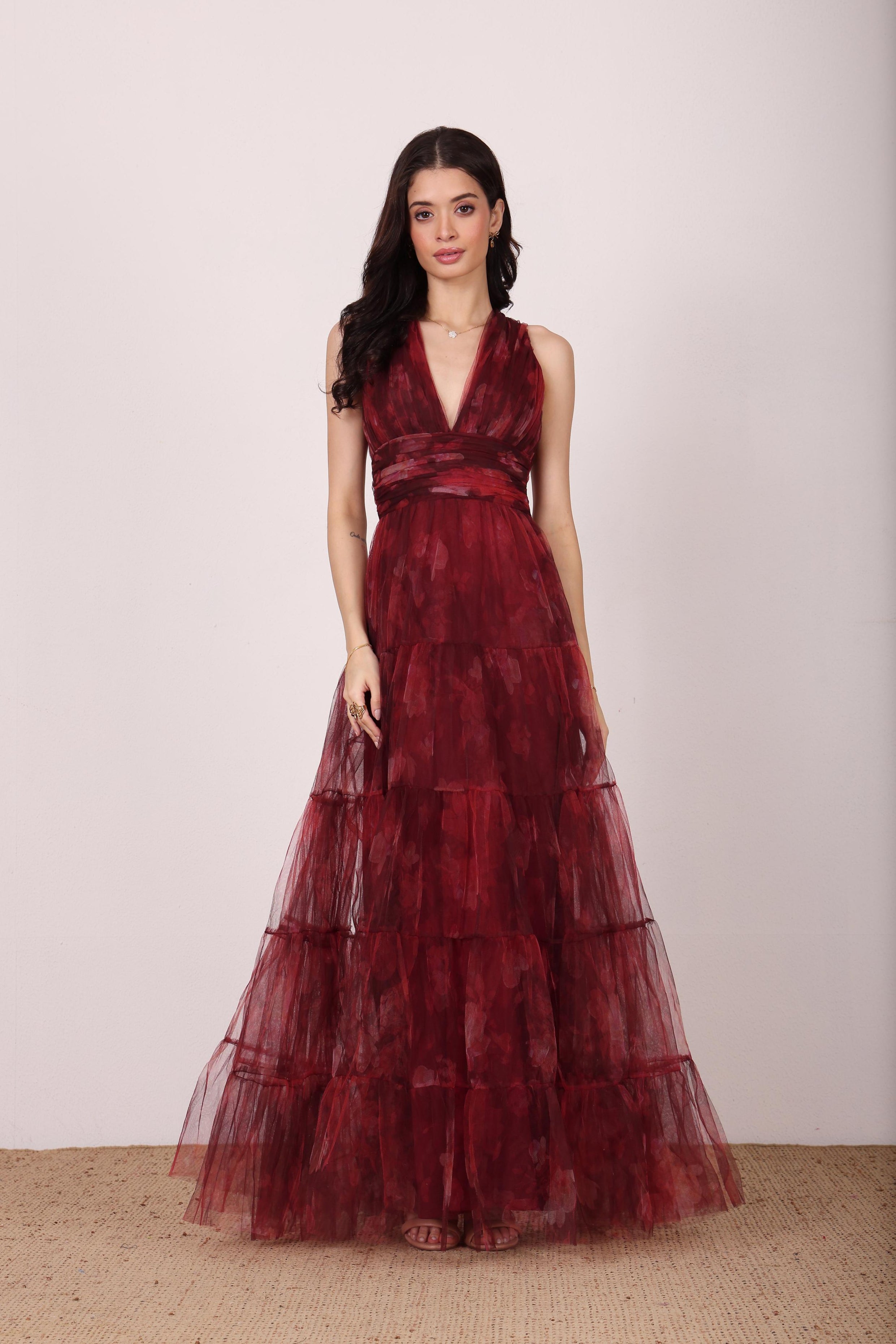Sleeveless tulle deep red floral cinched waist v-neckline backless formal dress