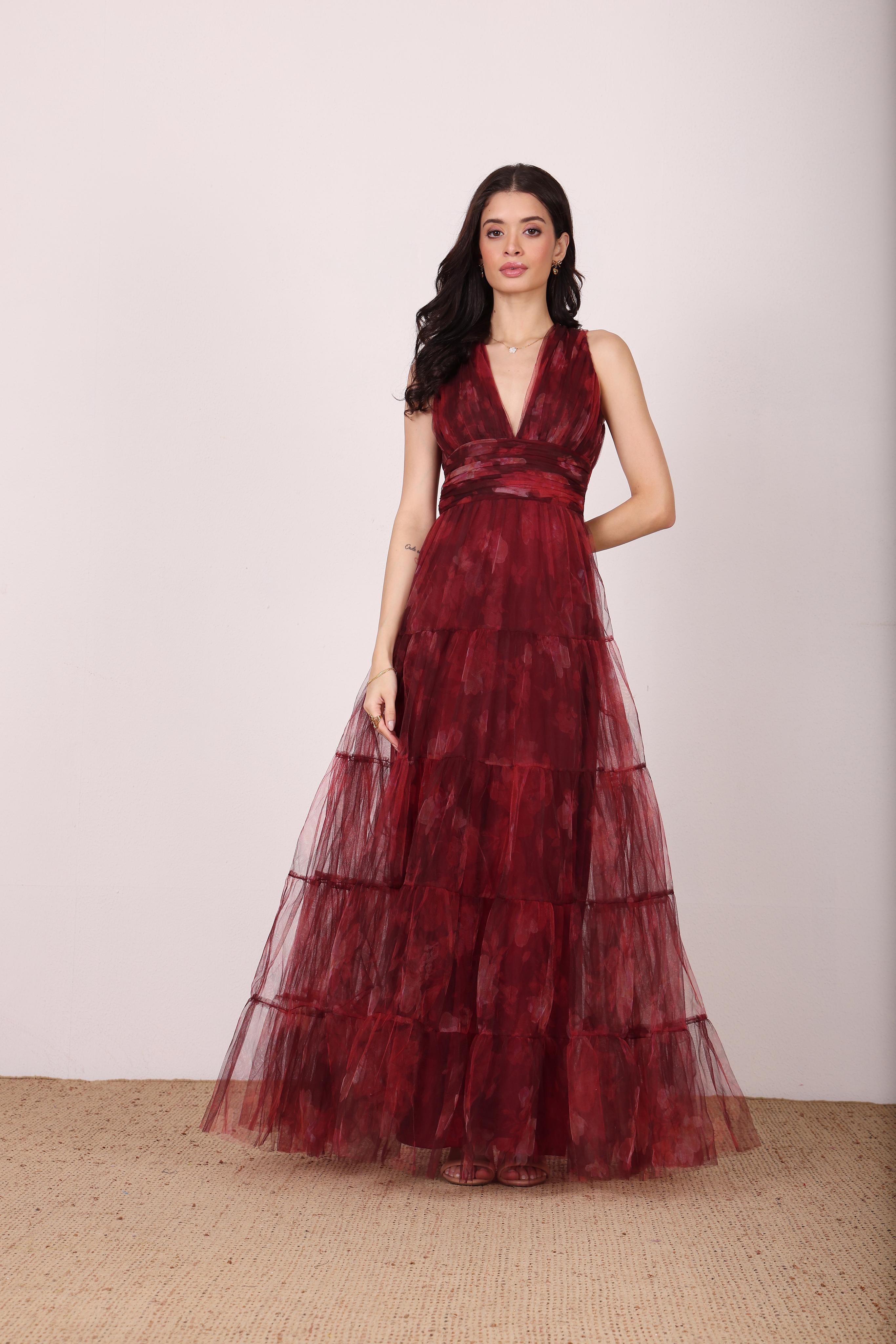 Candace Maxi Dress in Deep Red Floral