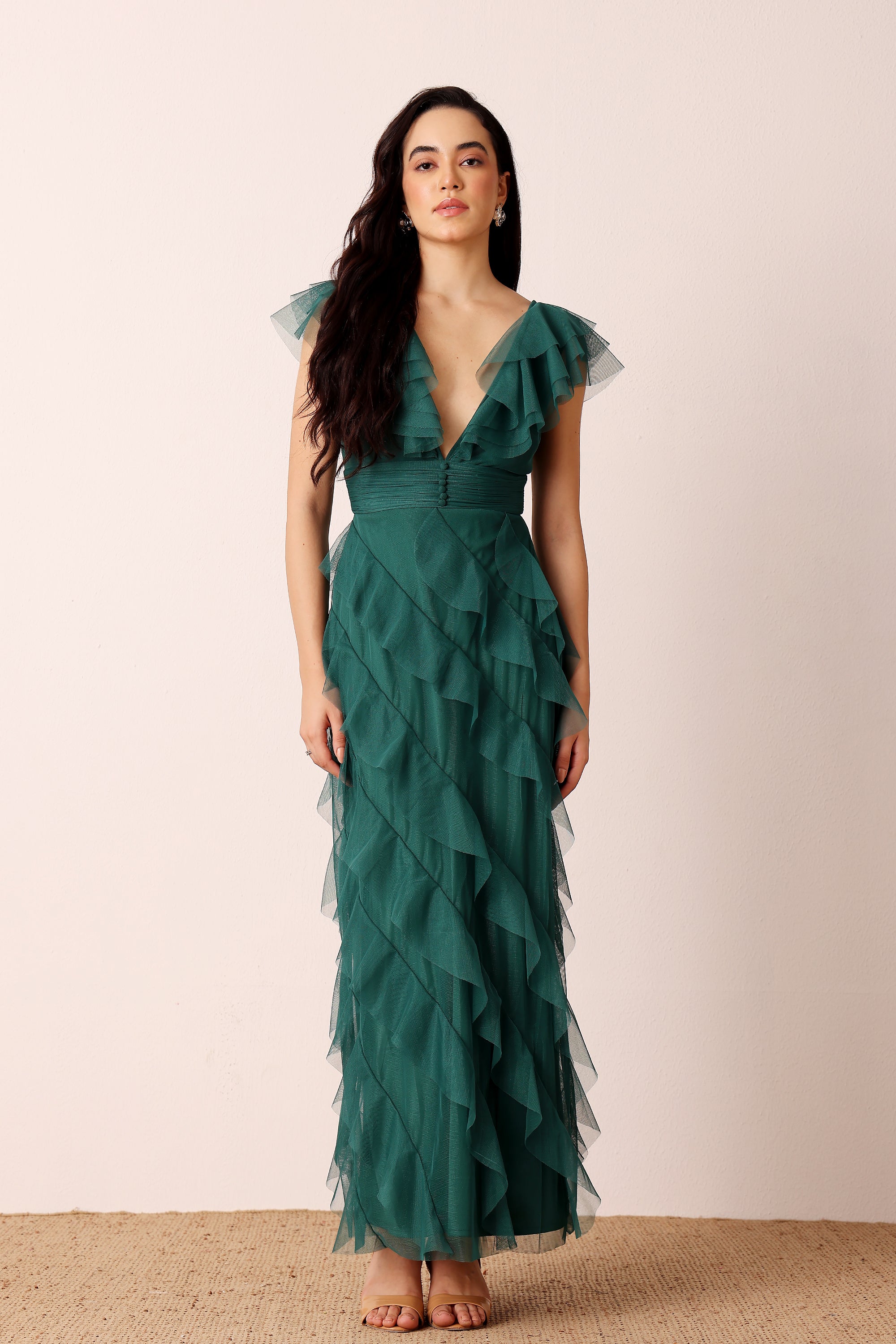 Ruffle plunging button cinched waist wedding guest bridesmaid emerald green maxi dress