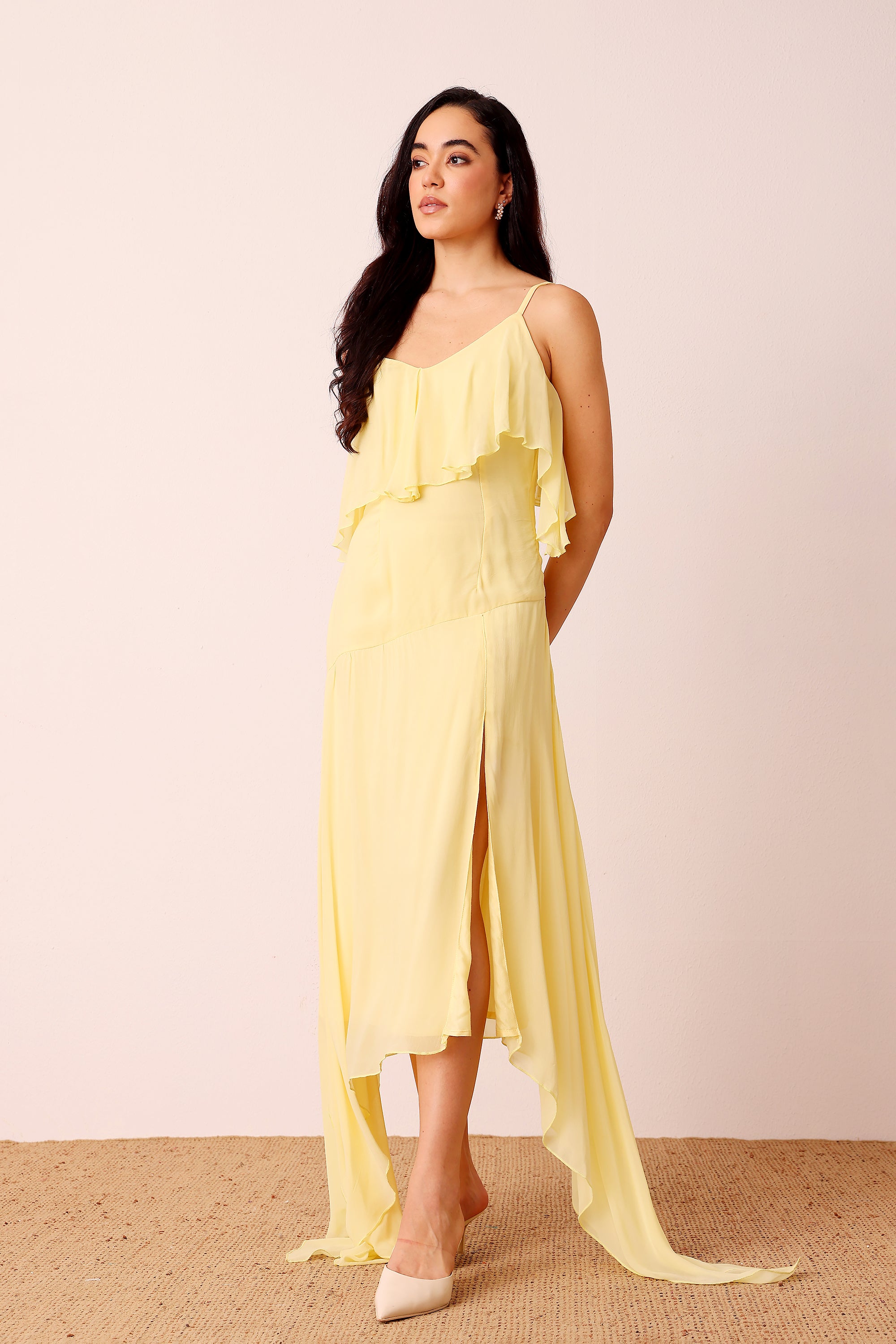 Strappy a-symetric midi dress garden party slit buttercup yellow
