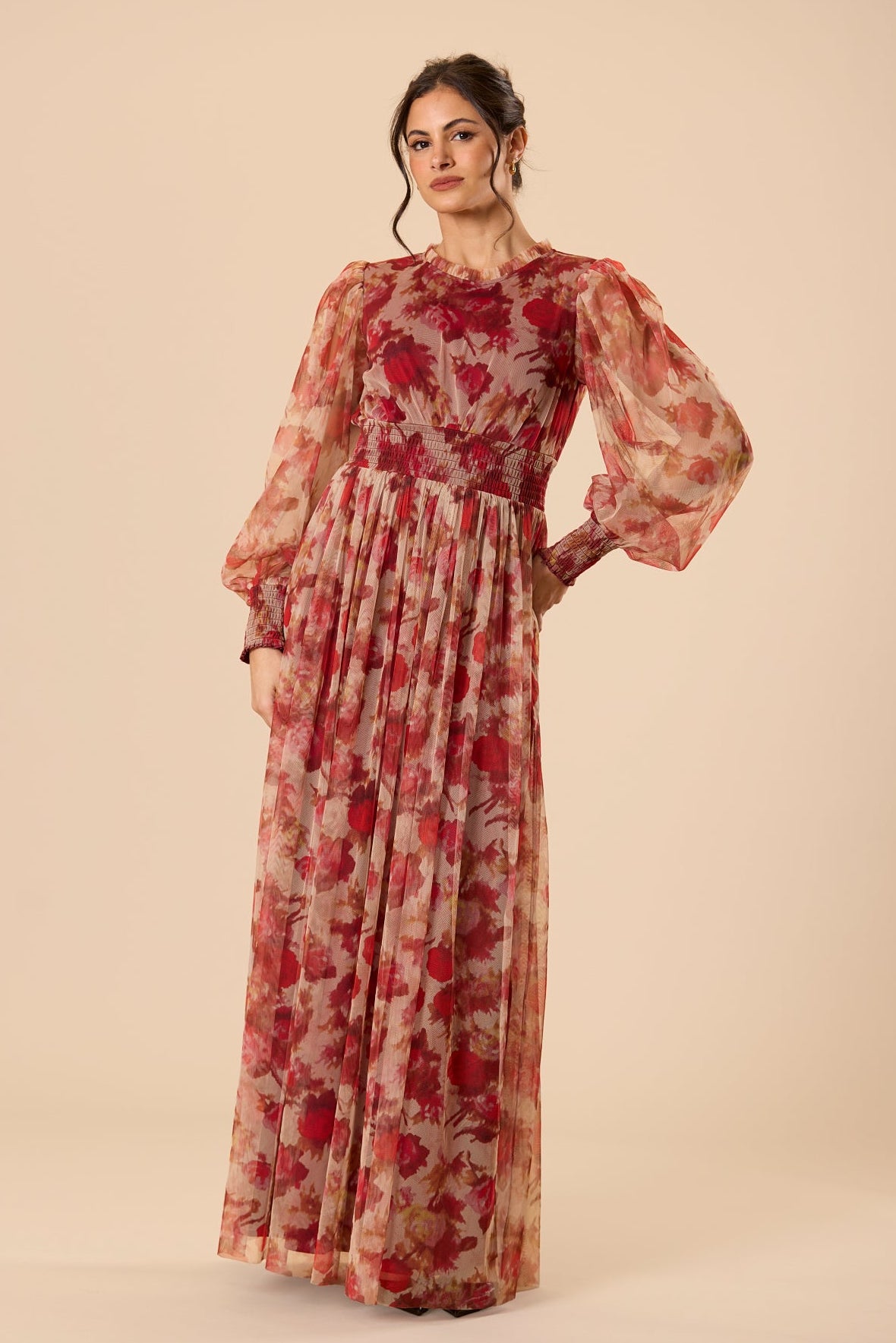 Soft Tulle Rose Floral Print Modest Maxi Dress