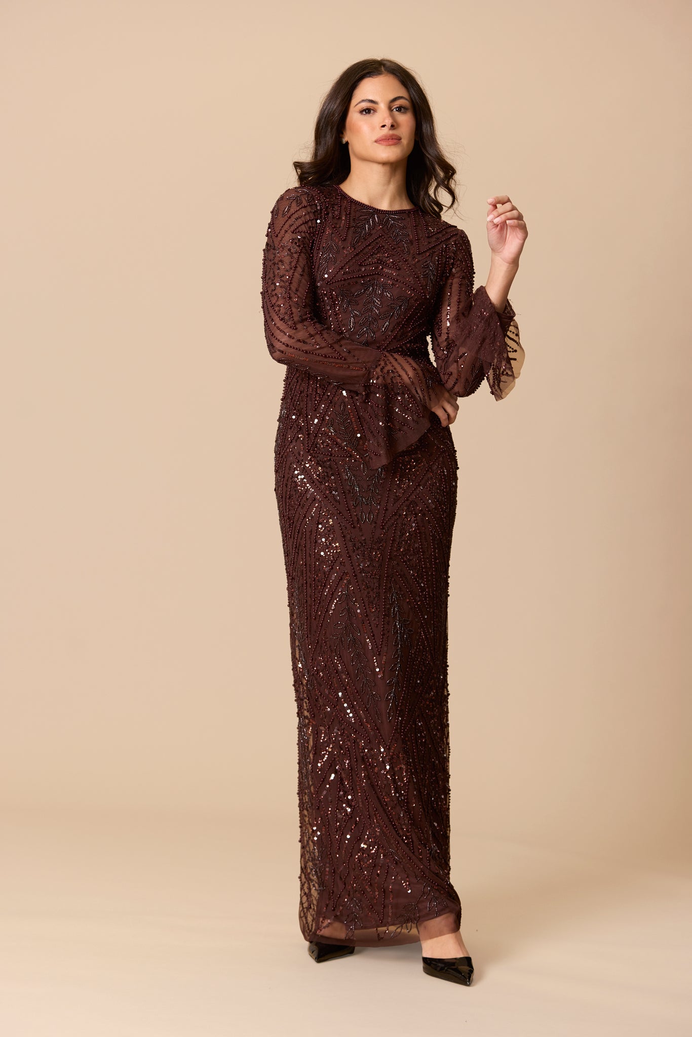 Deep chocolate coffee embellished maxi modest sequin long sleeve formal black-tie dress