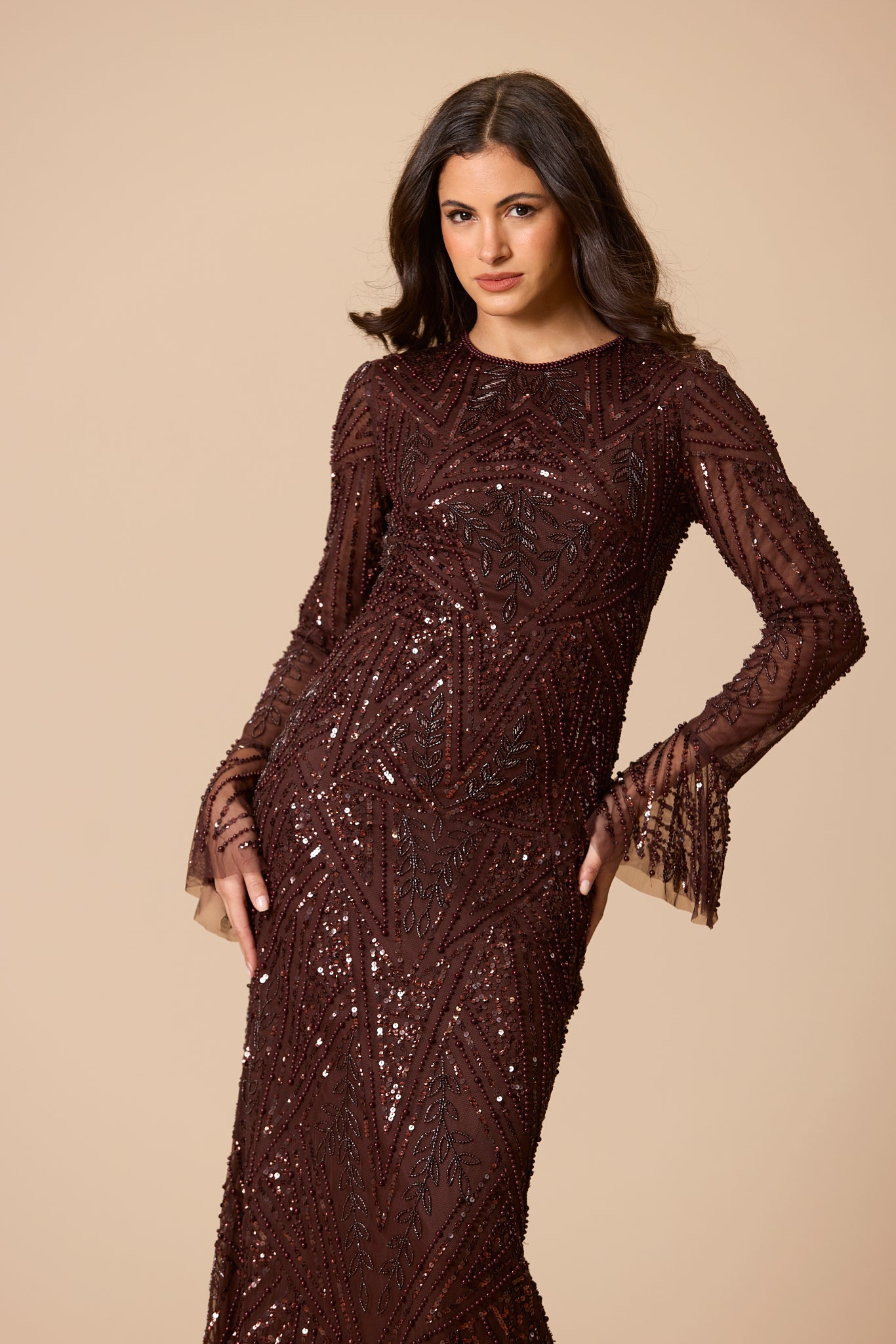 Cosima Embellished Maxi Dress in Chocolate Brown