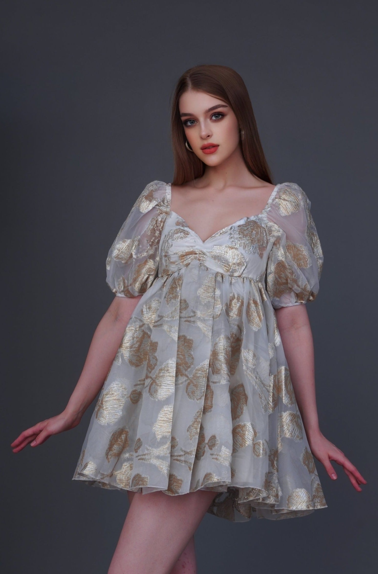 Melanie Metallic Babydoll Mini Dress in Gold Jacquard Lace & Beads Melanie Metallic Babydoll Mini Dress in Gold Jacquard Lace & Beads