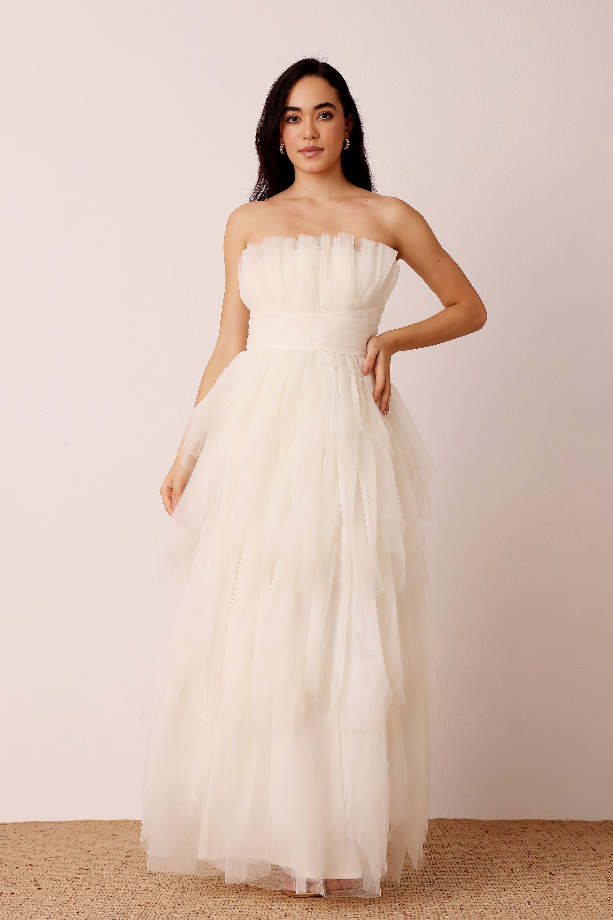 Bridal strapless bandeau wedding tiered maxi in ivory white