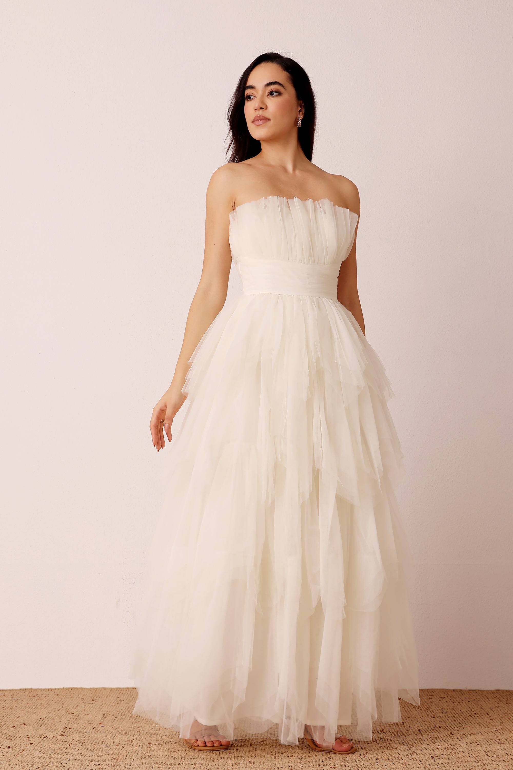 Bridal strapless bandeau wedding tiered maxi in ivory white