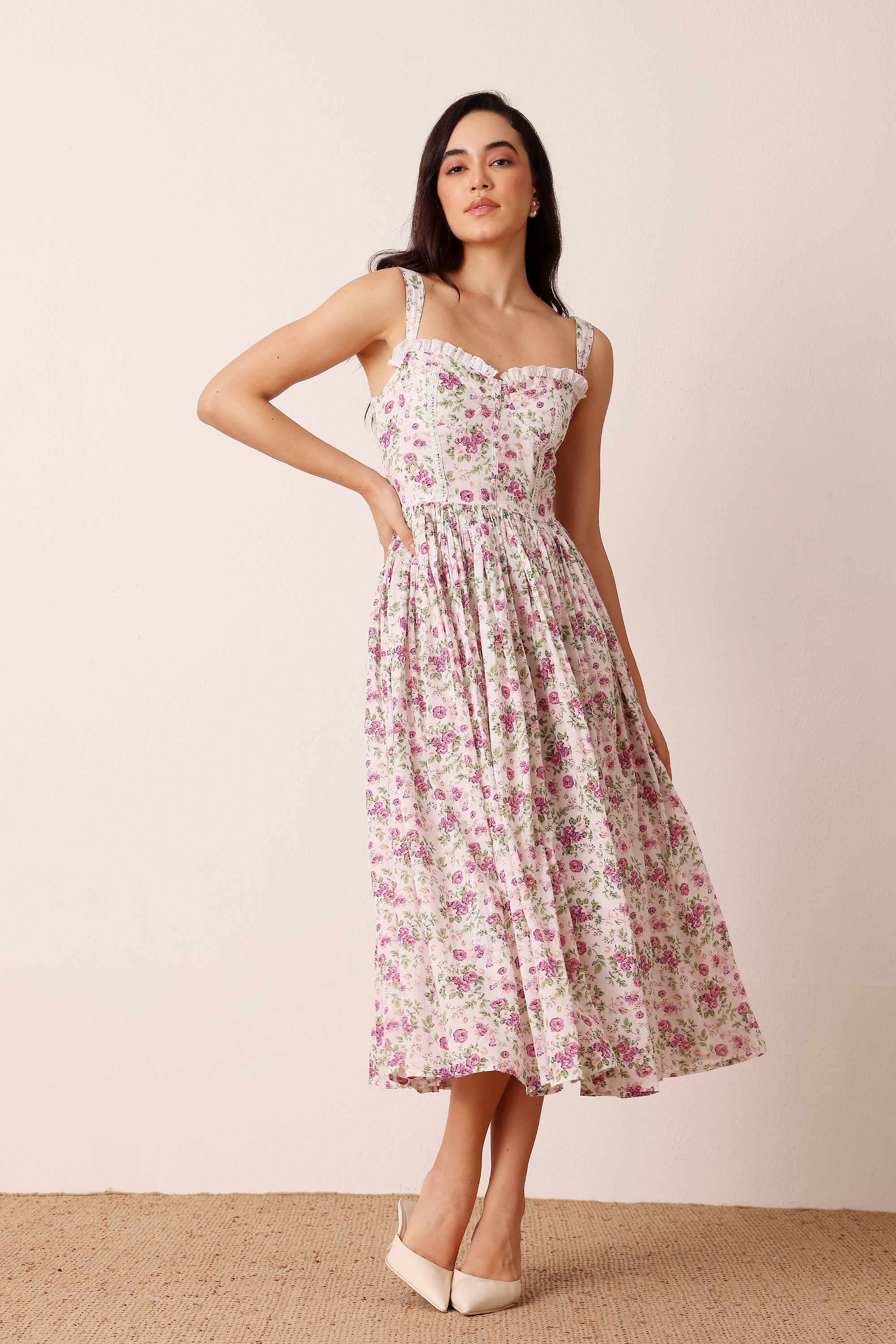 Dane Cotton Floral Corset Midi Dress UK12 / Pink Purple Floral Dane Cotton Floral Corset Midi Dress UK12 / Pink Purple Floral