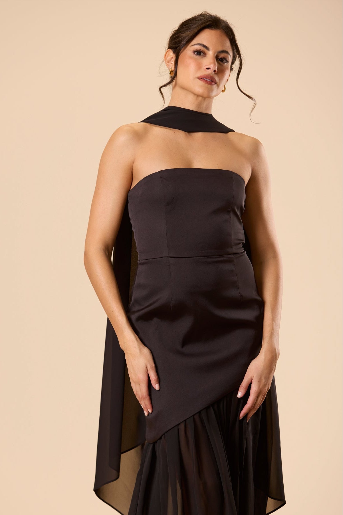 Deena Strapless Maxi Dress with Scarf in Black