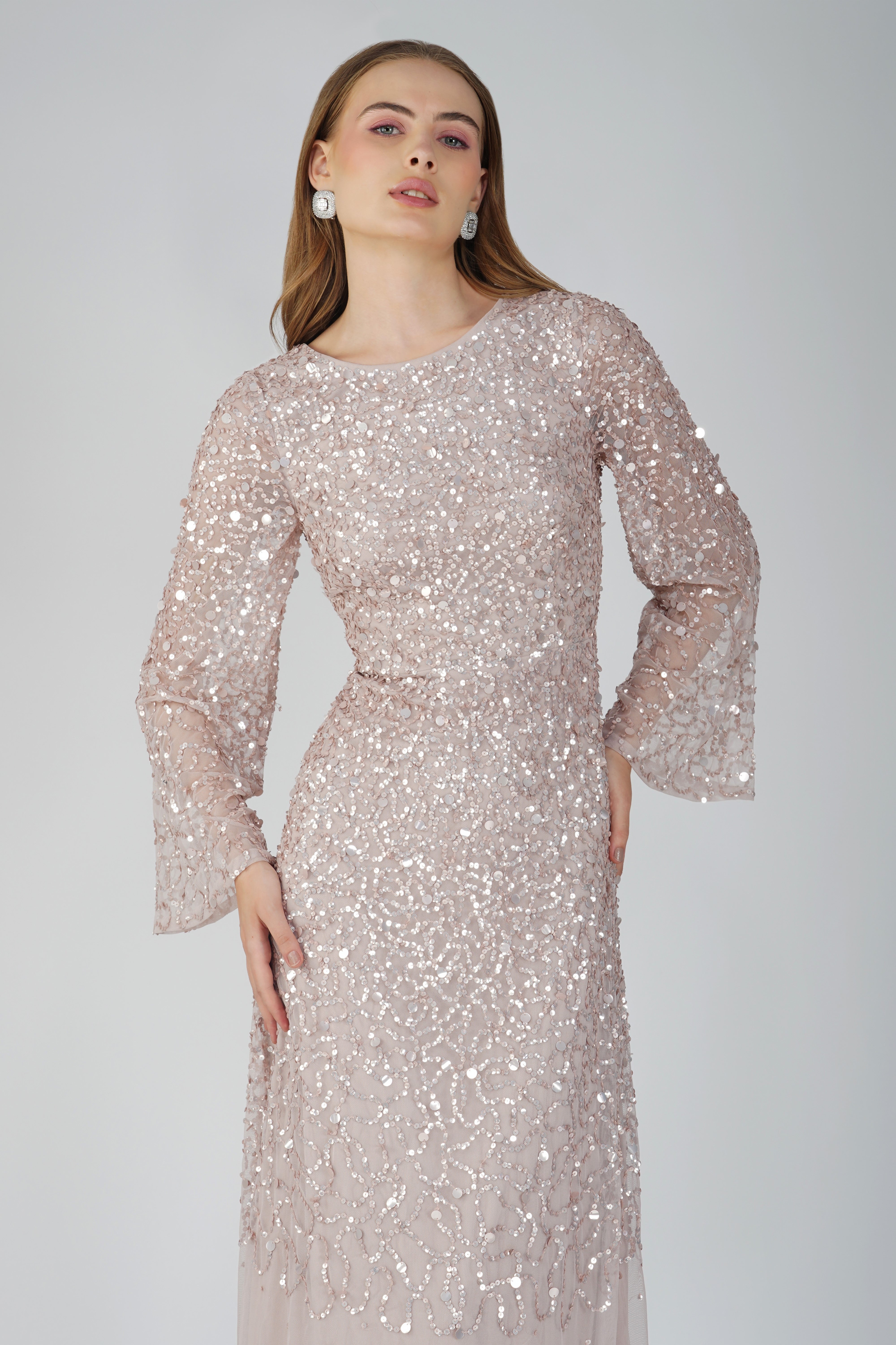 Diane Long Sleeve Embellished Maxi Dress in Mink UK14 / Mink Diane Long Sleeve Embellished Maxi Dress in Mink UK14 / Mink