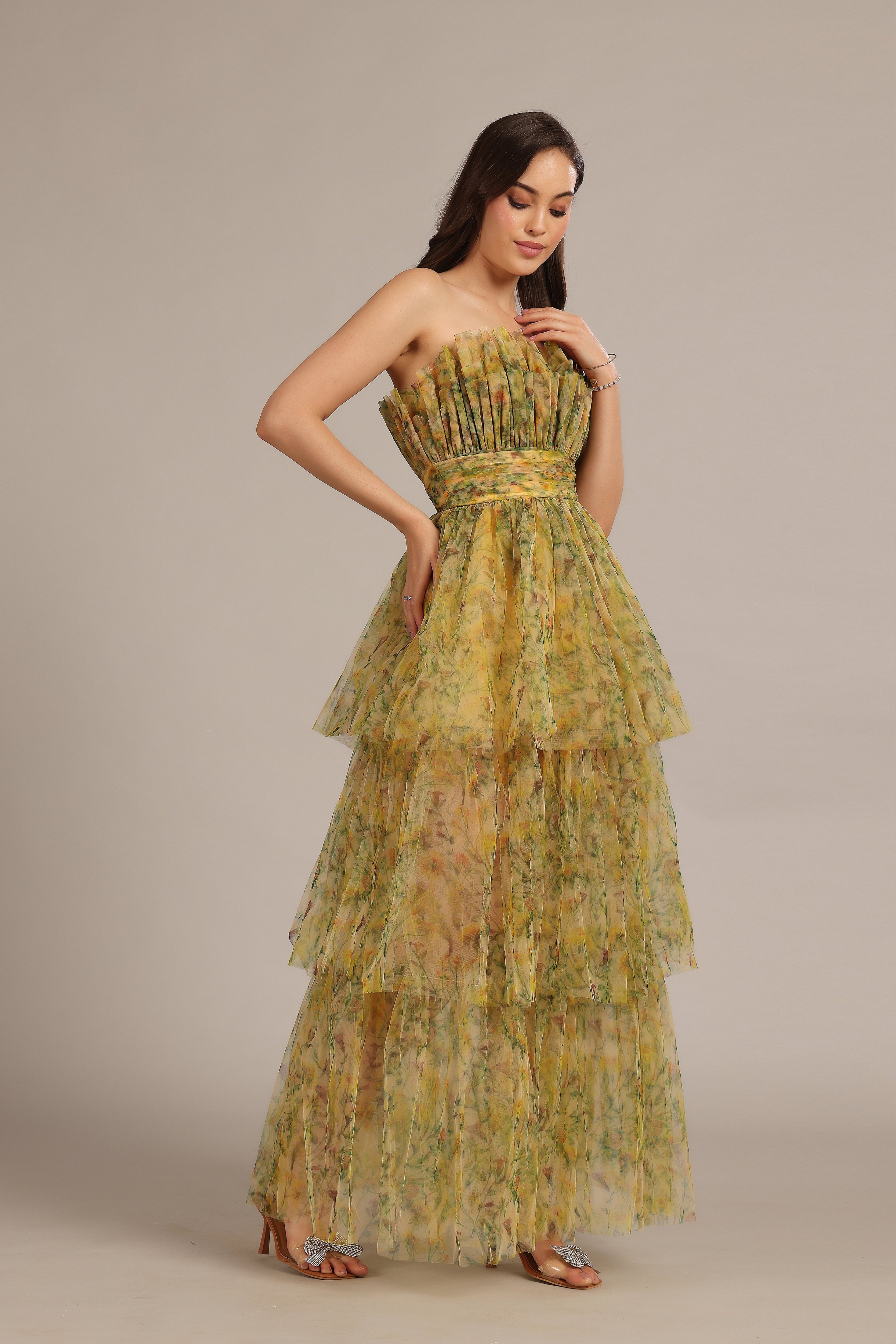 Natalia Tulle Maxi Dress in Yellow Floral Lace & Beads Natalia Tulle Maxi Dress in Yellow Floral Lace & Beads