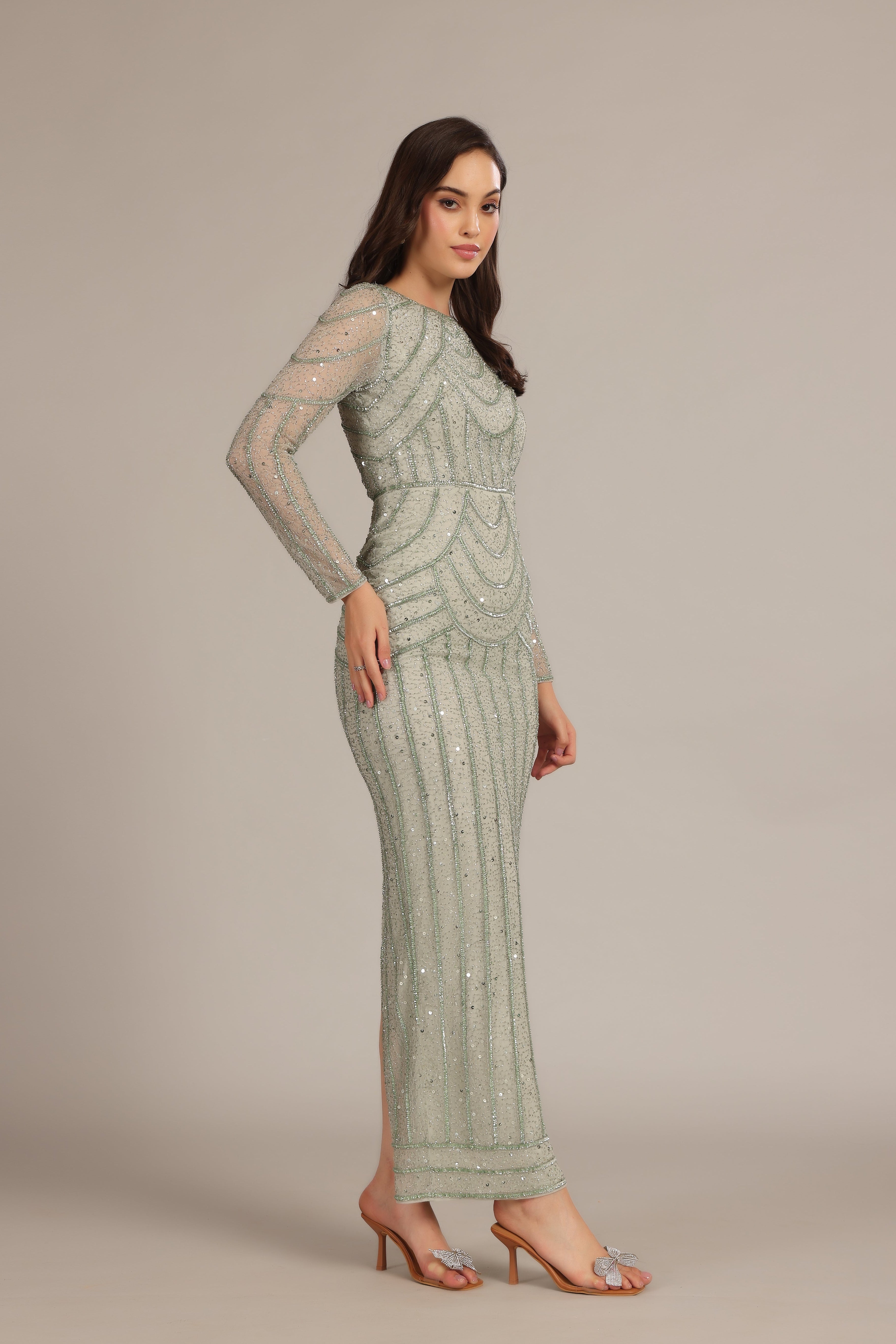 Embellished Modest Wedding Party Formal Long-Sleeve Maxi Dress Sage Green