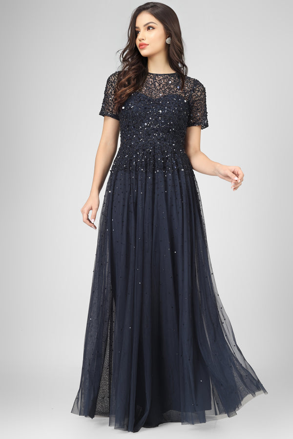 Montreal Embellished Maxi Dress in Navy Blue