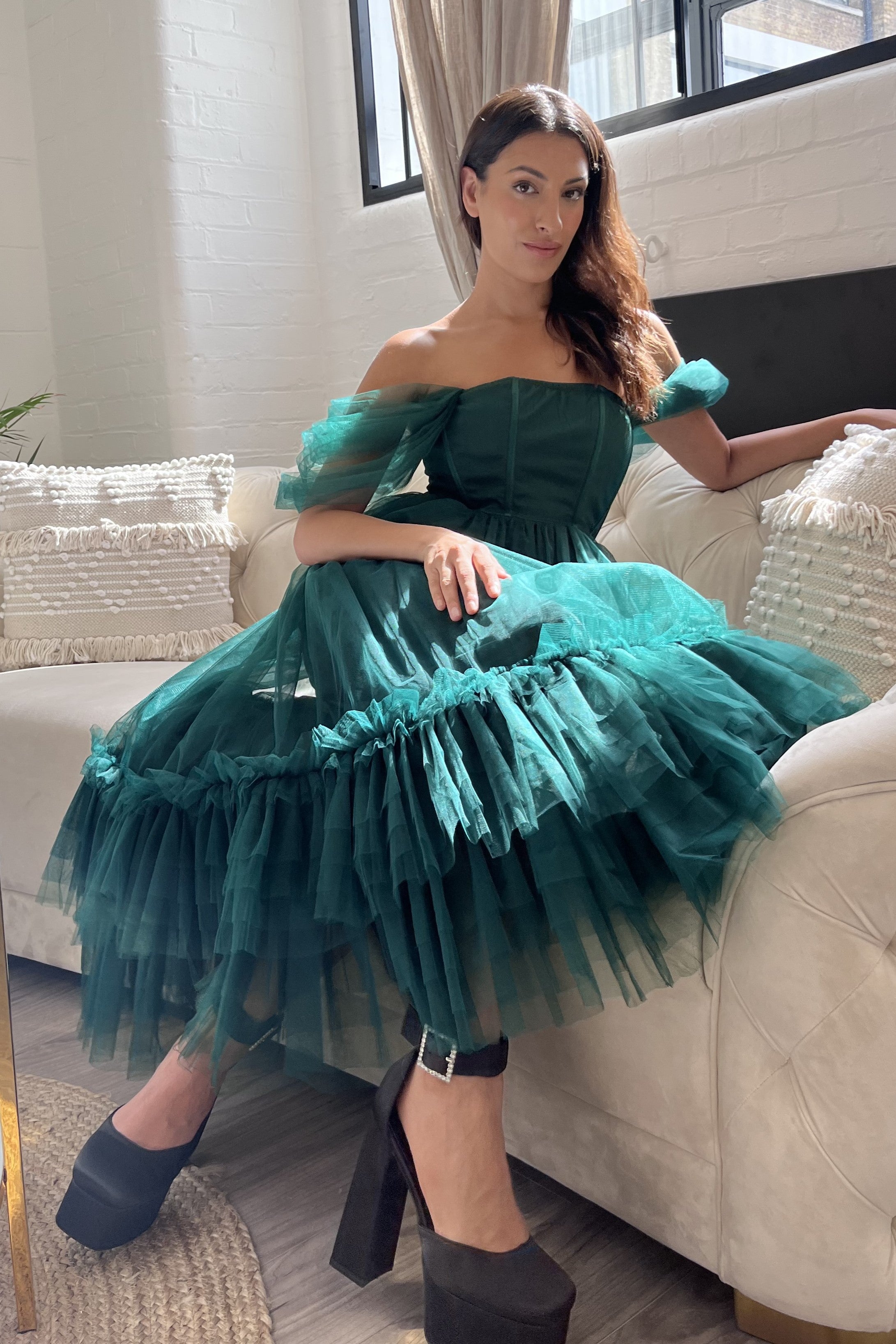 Jayne Emerald Green Tulle Midi Dress UK10 / Emerald Green Jayne Emerald Green Tulle Midi Dress UK10 / Emerald Green