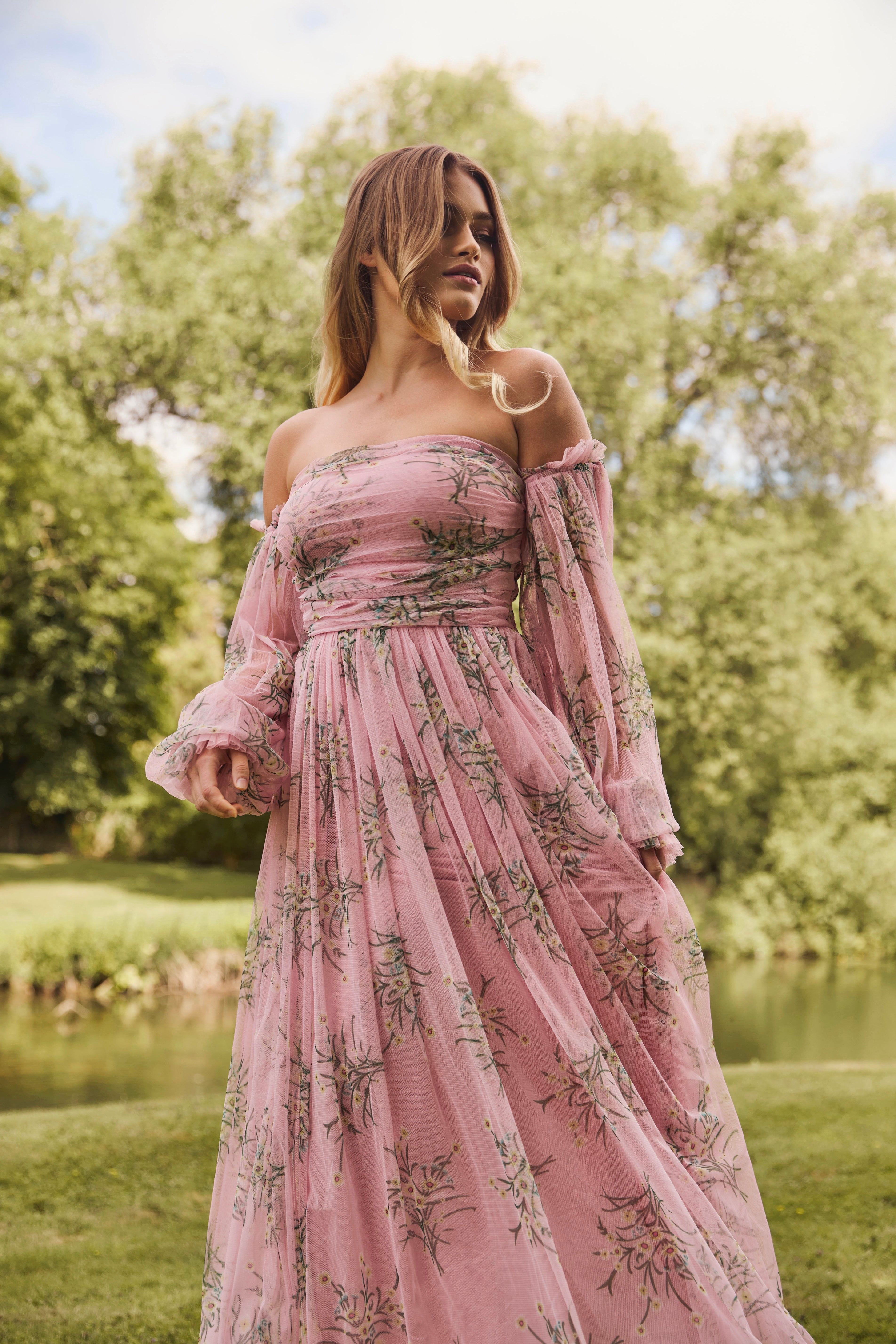 Off shoulder bardot tulle light pink floral maxi dress wedding guest garden party