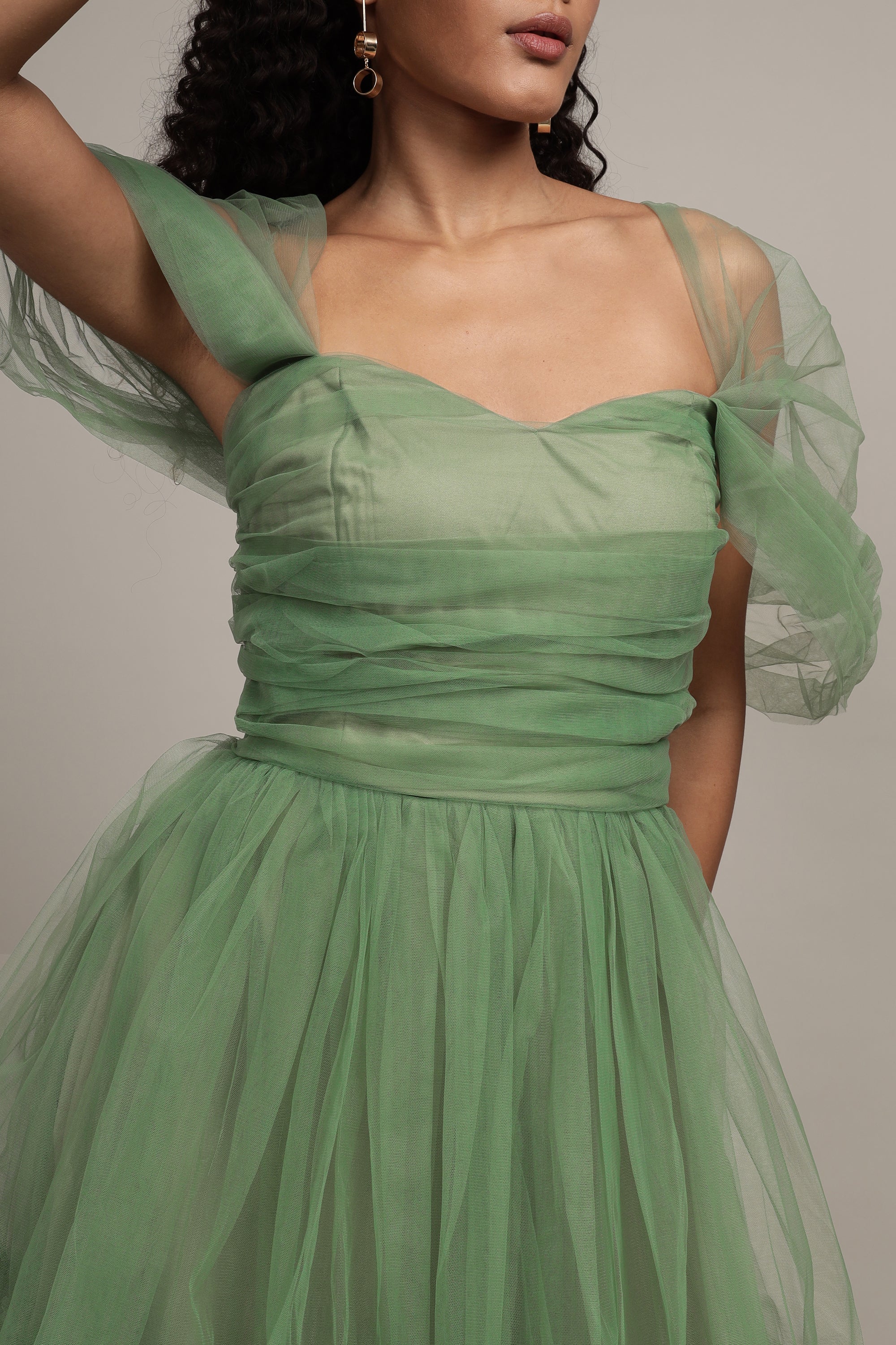 Sydney Off Shoulder Tulle Maxi Dress in Dark Sage