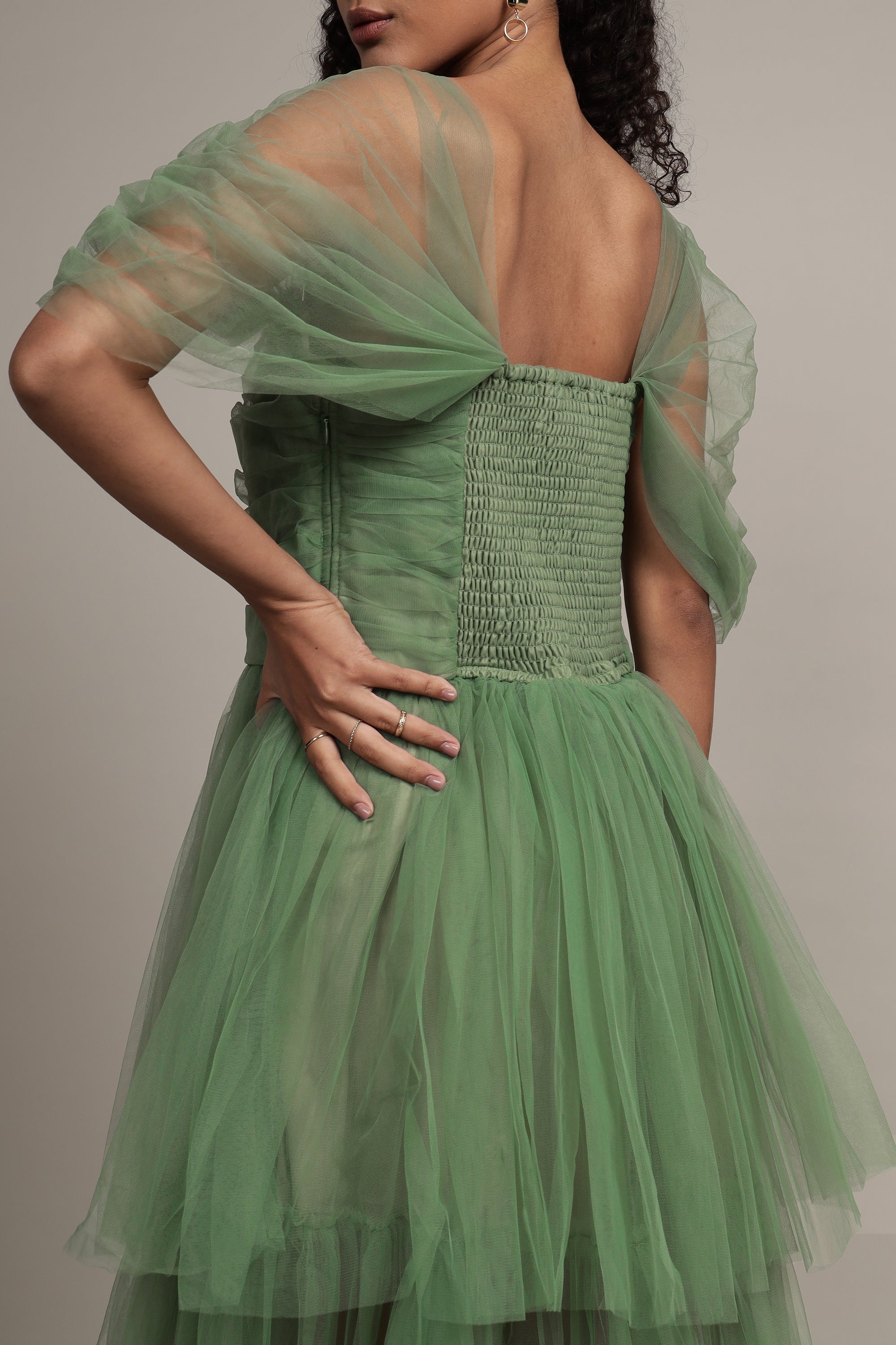 Sydney Off Shoulder Tulle Maxi Dress in Dark Sage