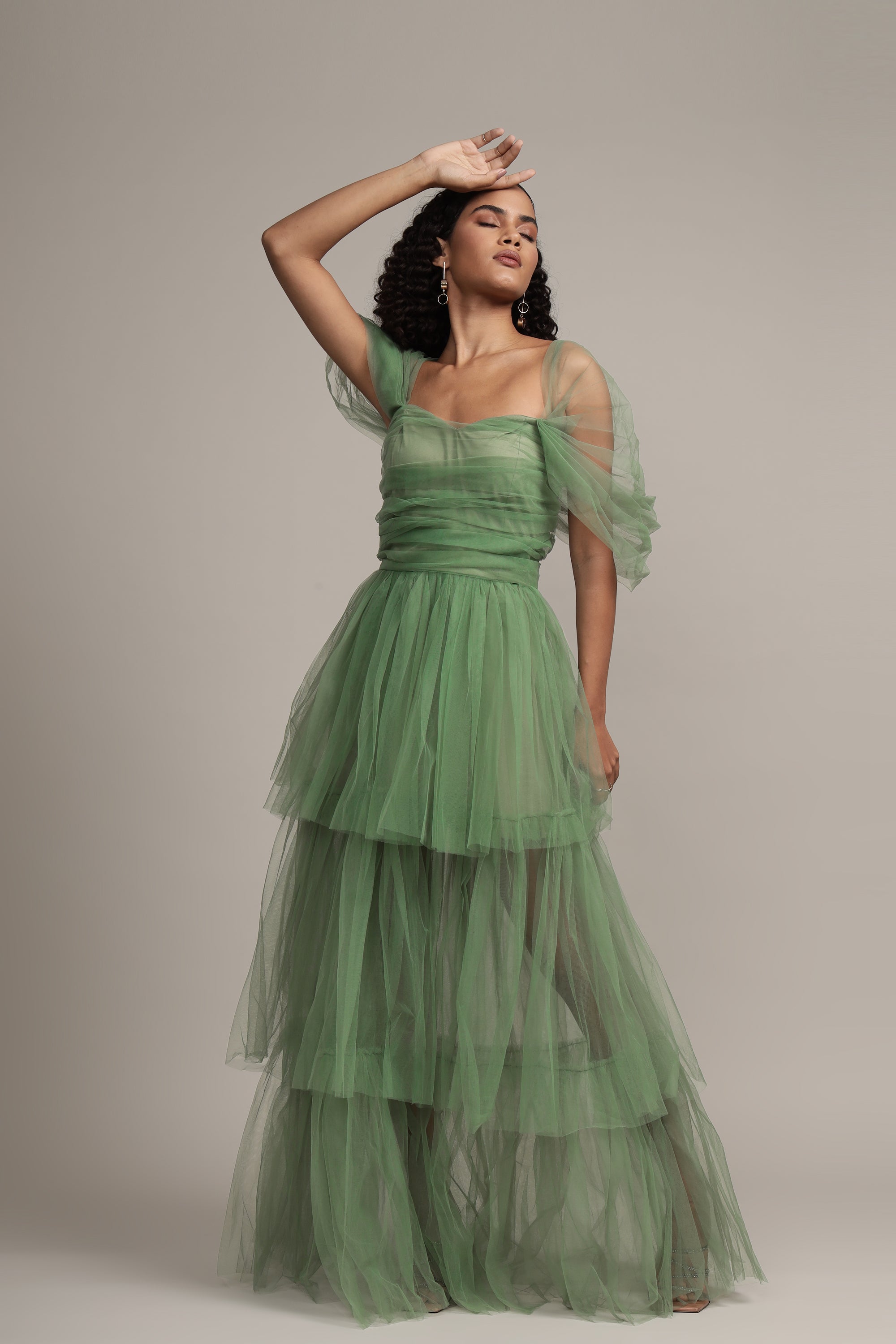 Sydney Off Shoulder Tulle Maxi Dress in Dark Sage