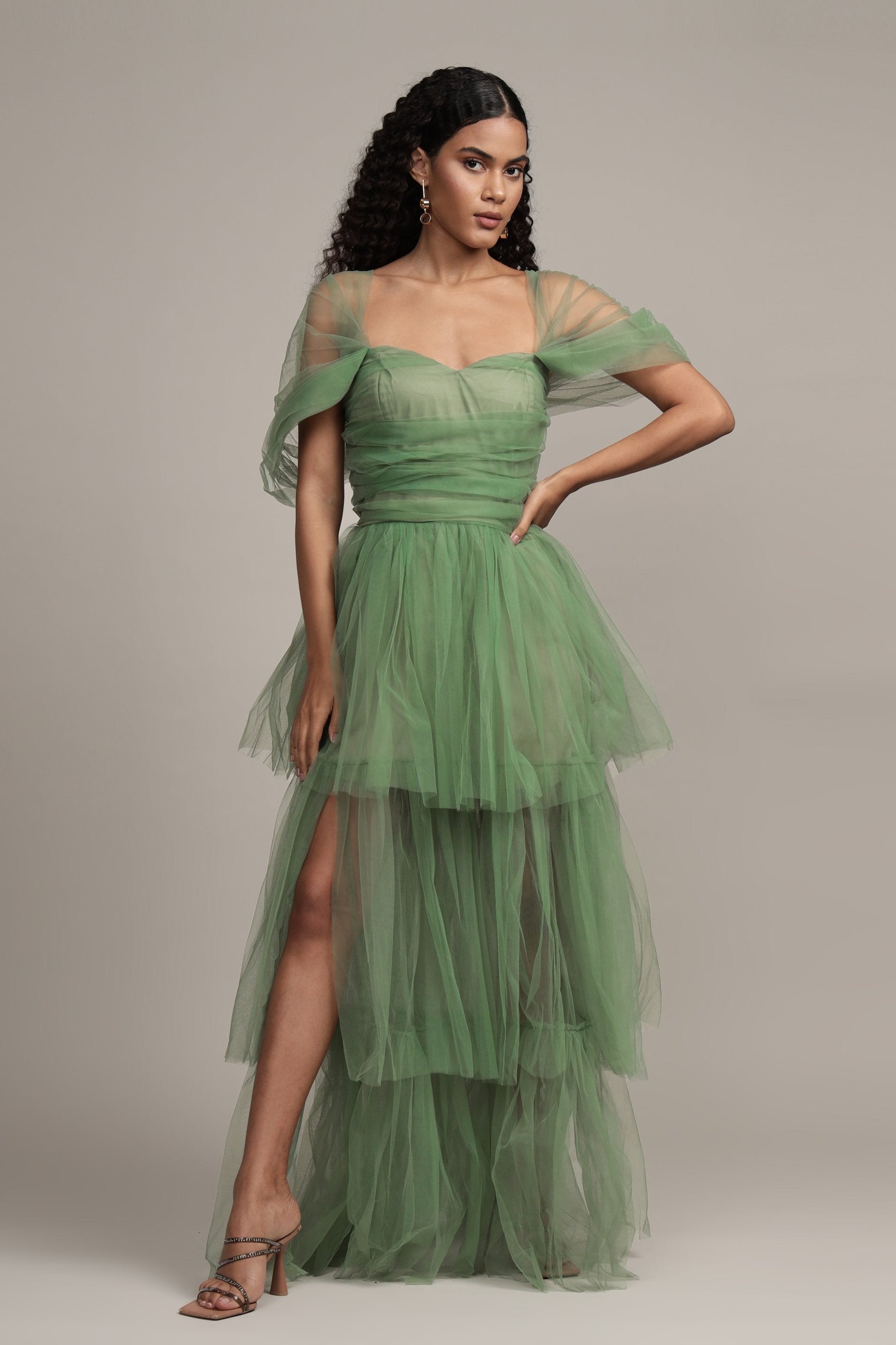 Sydney Off Shoulder Tulle Maxi Dress in Dark Sage