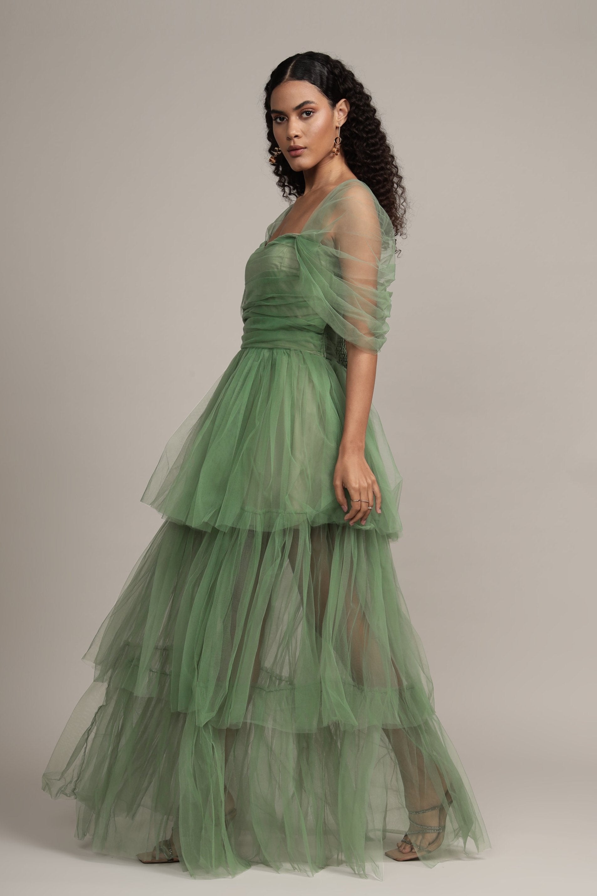 Sydney Off Shoulder Tulle Maxi Dress in Dark Sage