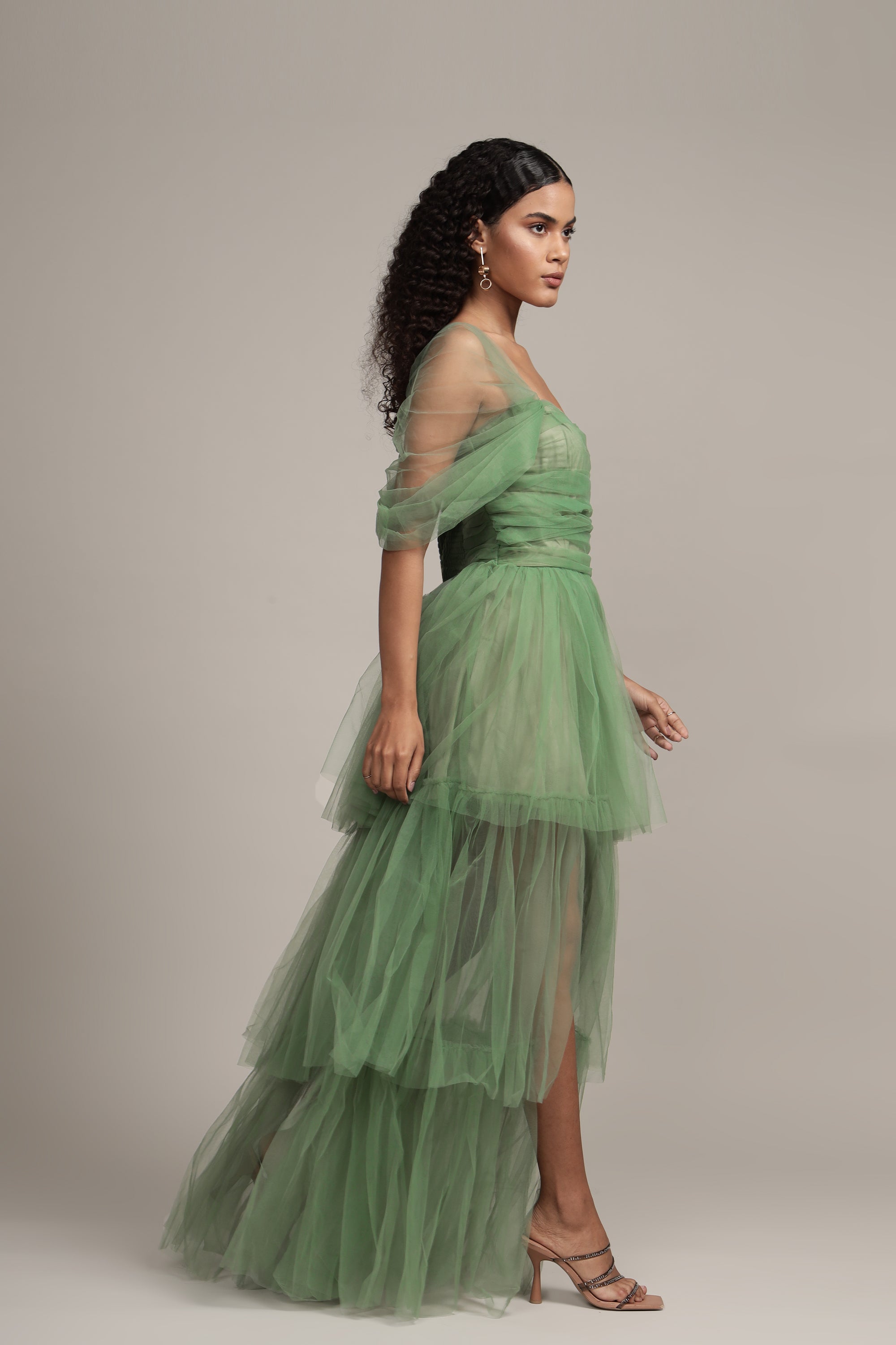 Sydney Off Shoulder Tulle Maxi Dress in Dark Sage
