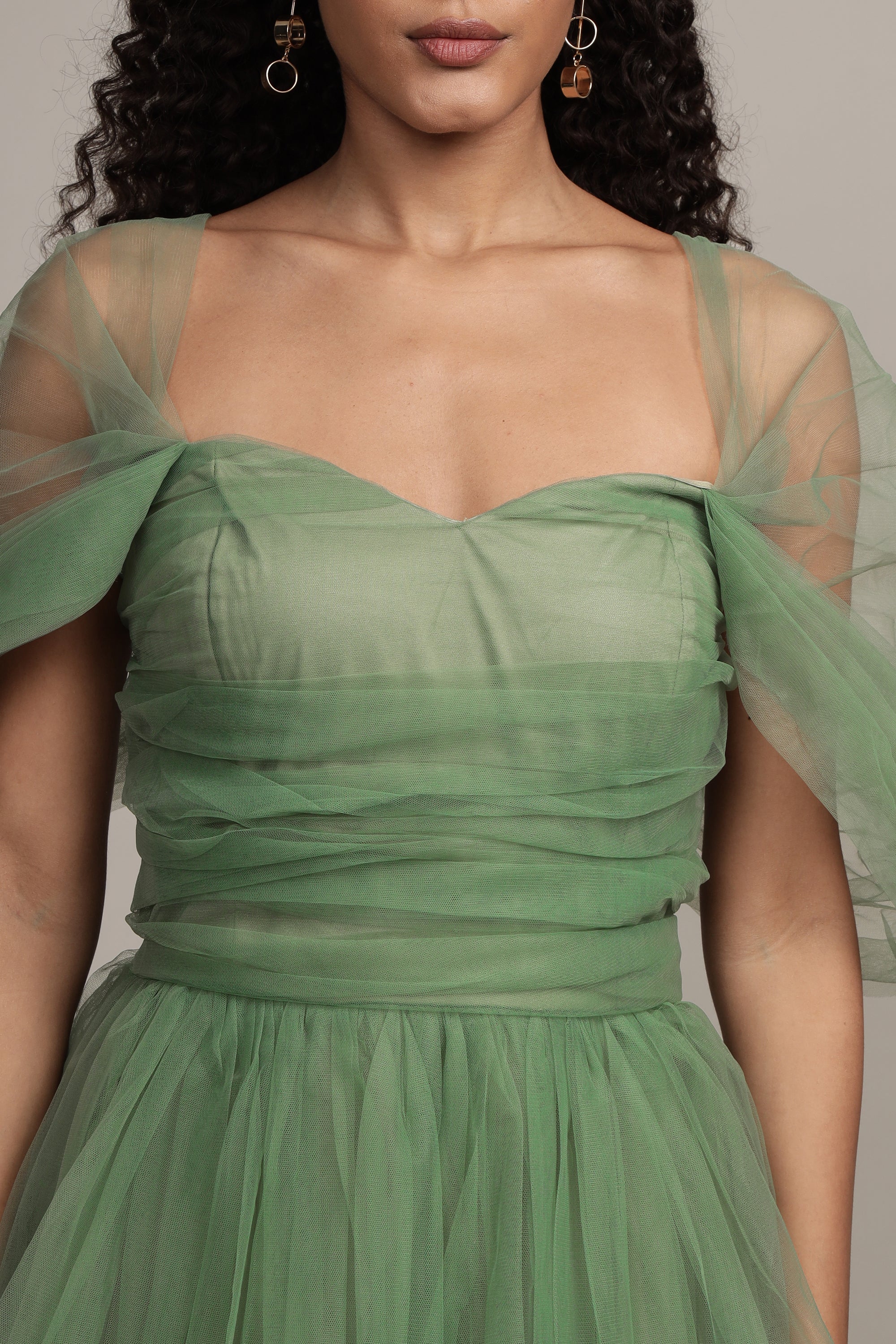 Sydney Off Shoulder Tulle Maxi Dress in Dark Sage