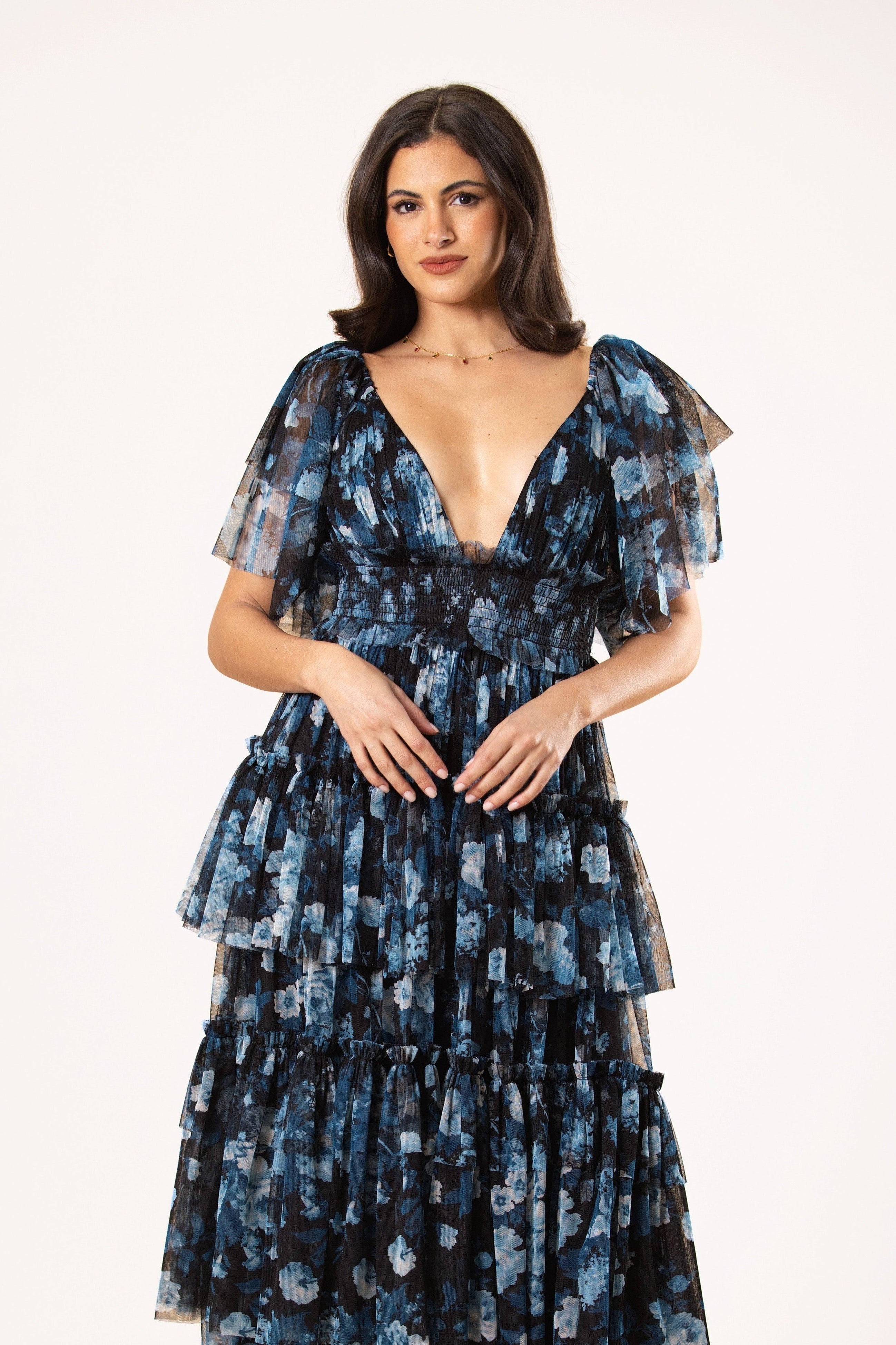 Blue Black Navy Floral Print Tulle Layered Deep V Plunging Neckline Wedding Garden Party Maxi Dress