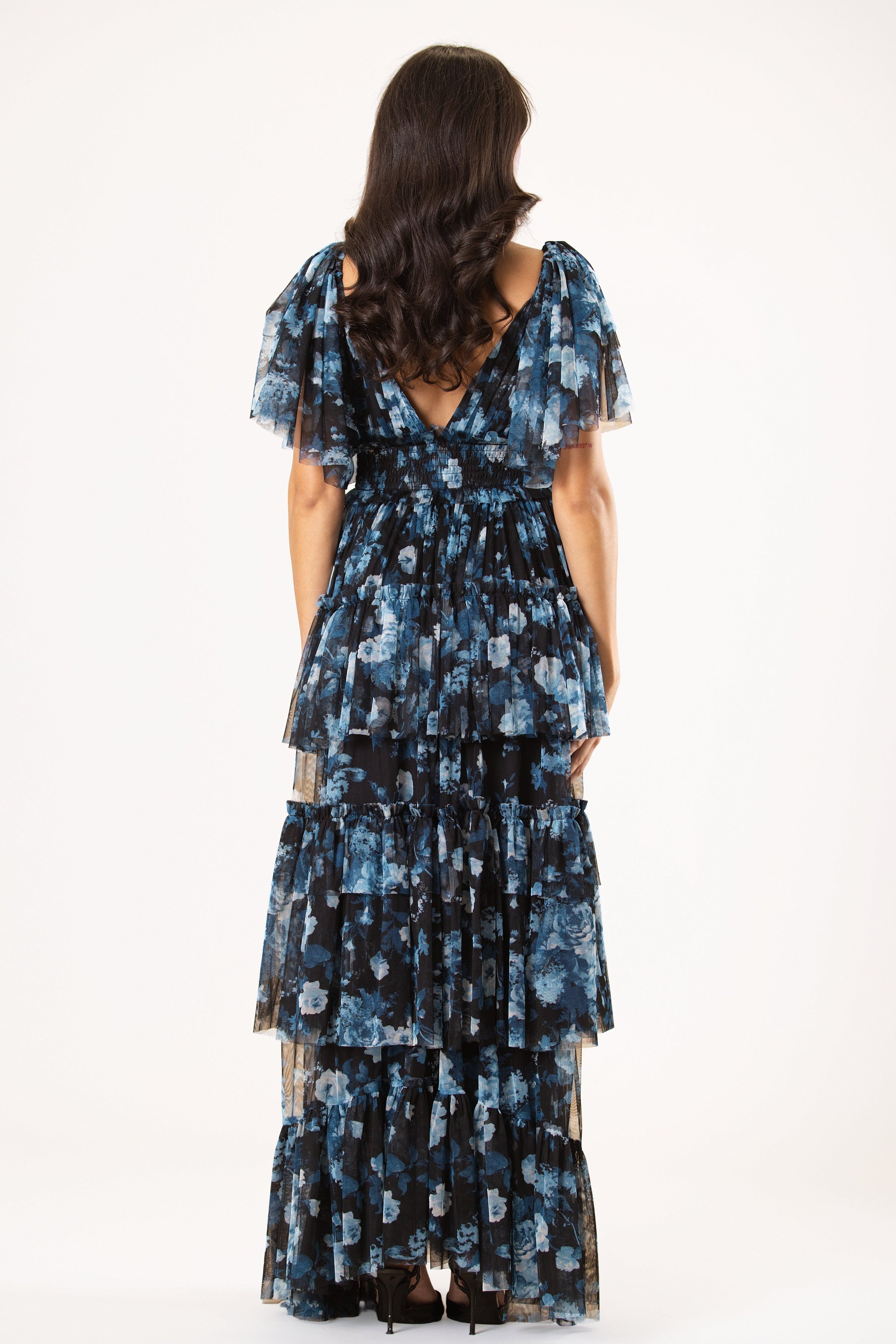 Jasmine Soft Tulle Maxi Dress in Blue Floral