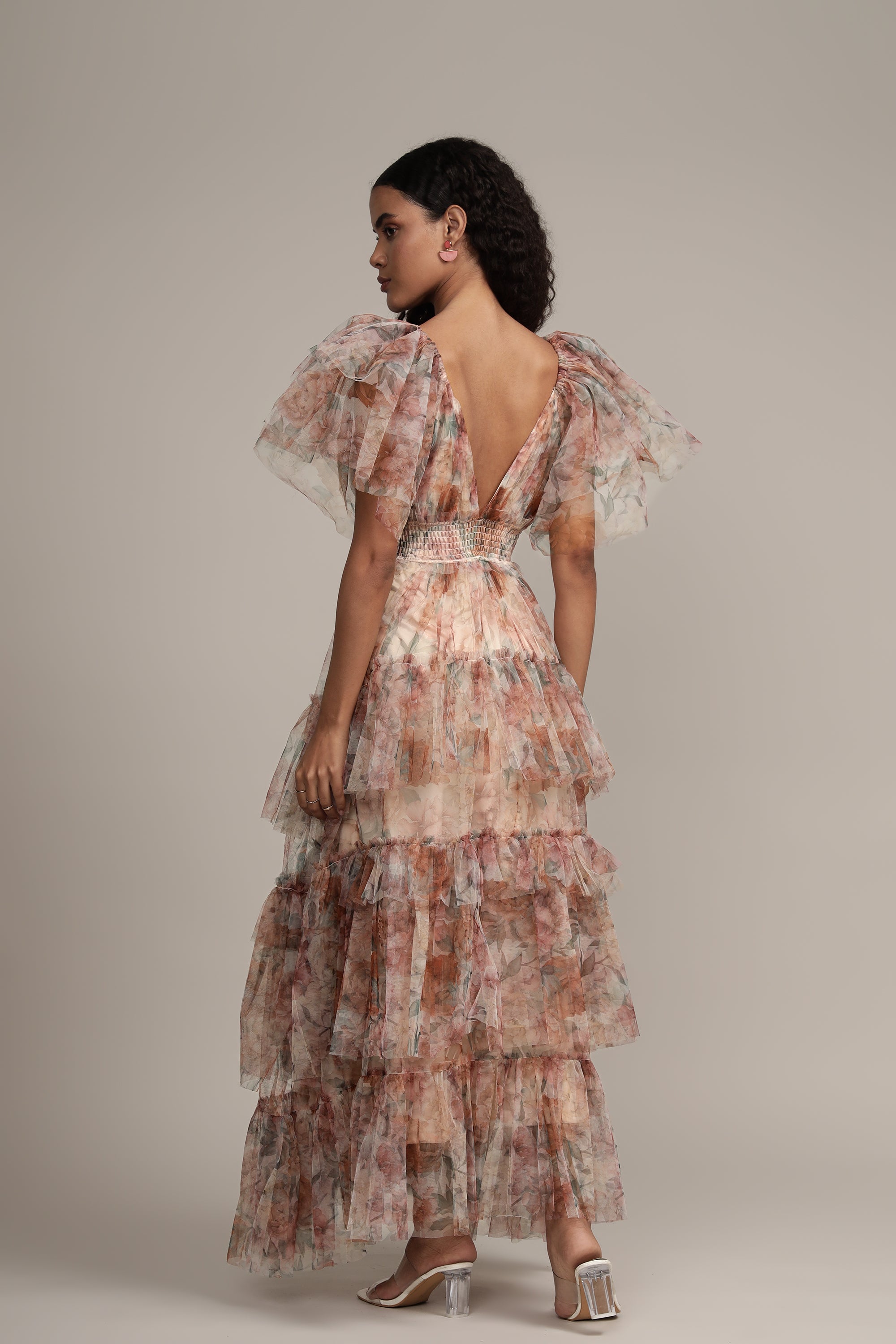 Jasmine Stiff Tulle Maxi Dress in Brown Floral Print