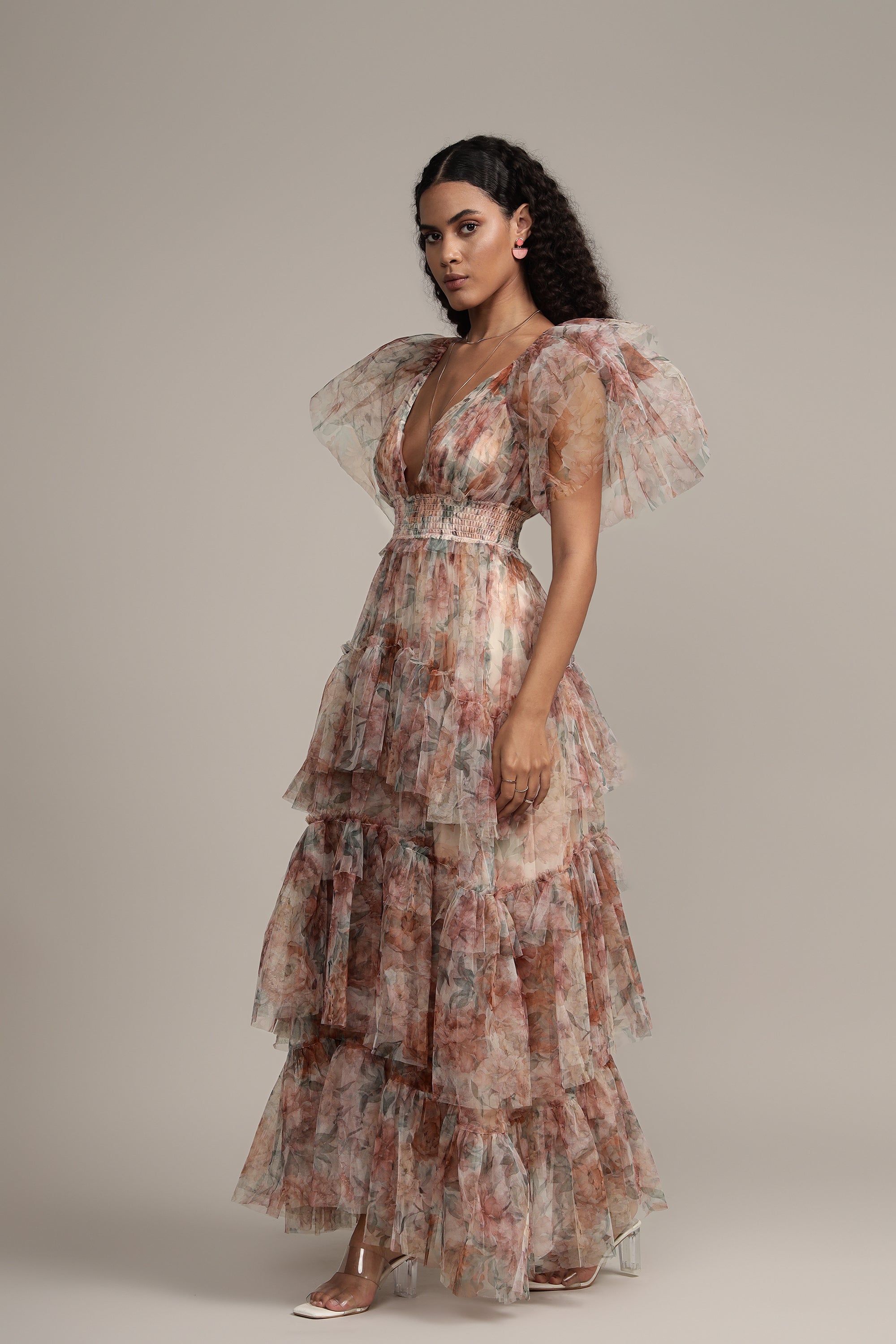 Jasmine Stiff Tulle Maxi Dress in Brown Floral Print