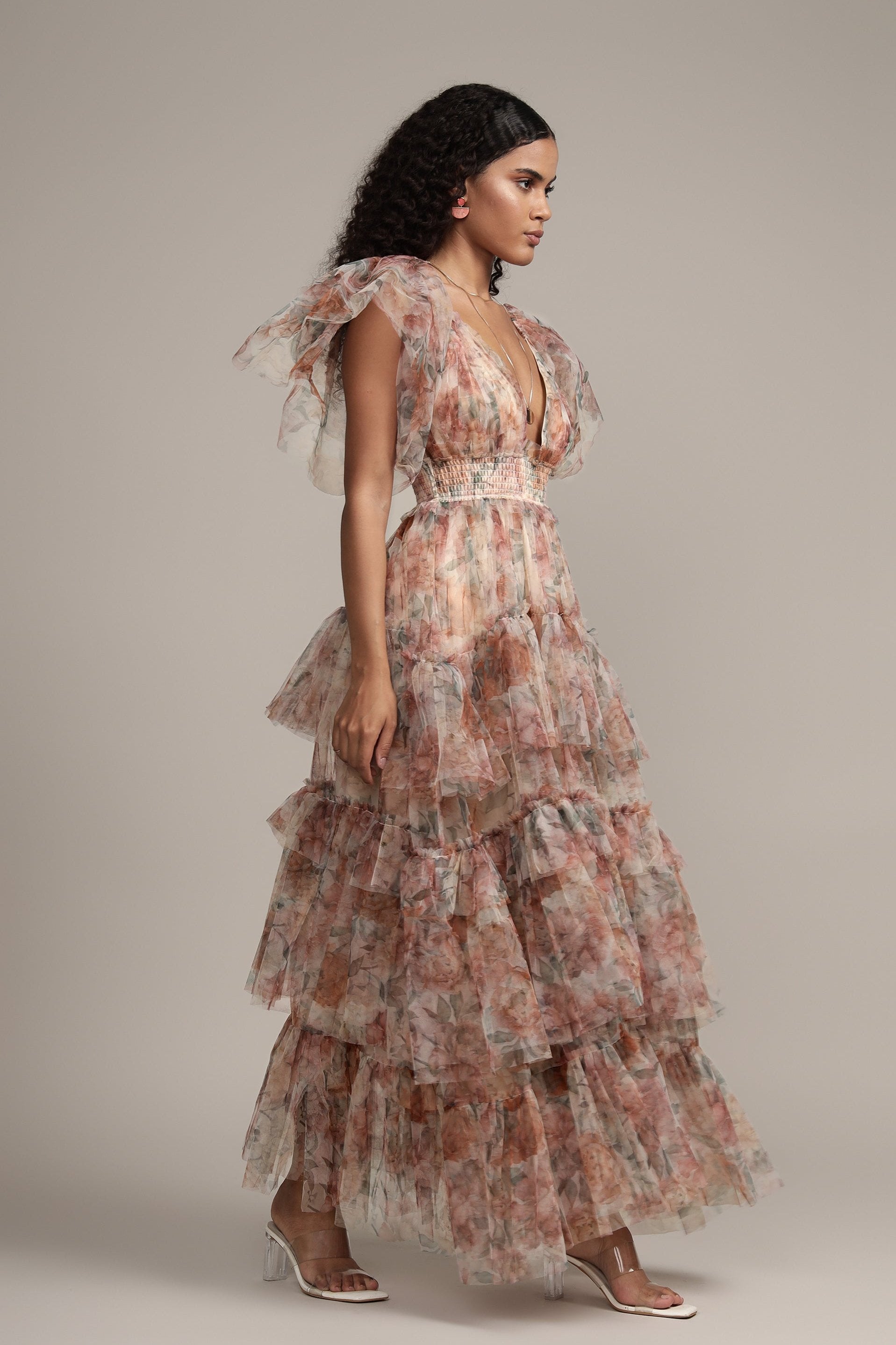 Jasmine Stiff Tulle Maxi Dress in Brown Floral Print