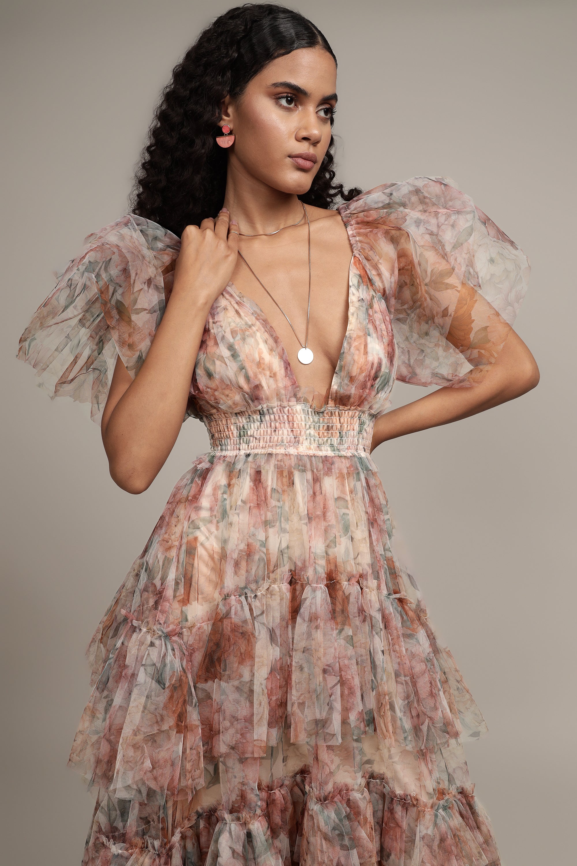 Jasmine Stiff Tulle Maxi Dress in Brown Floral Print