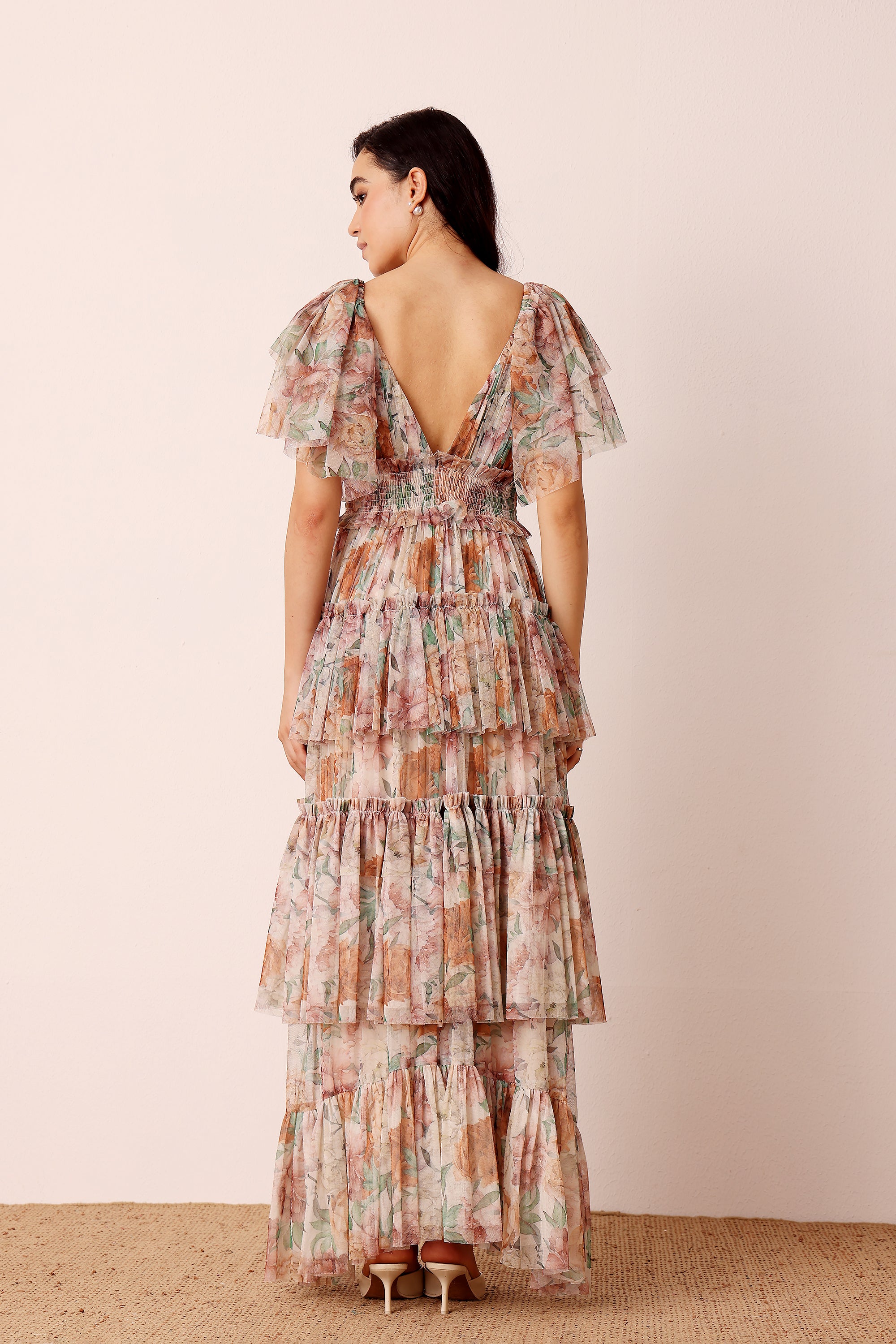 Jasmine Soft Tulle Maxi Dress in Brown Floral