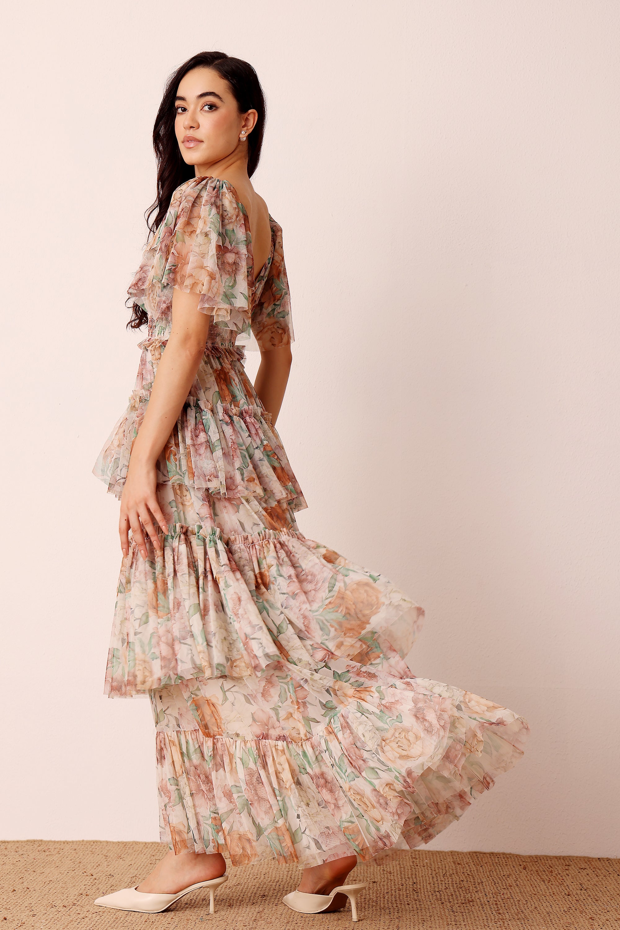 Jasmine Soft Tulle Maxi Dress in Brown Floral
