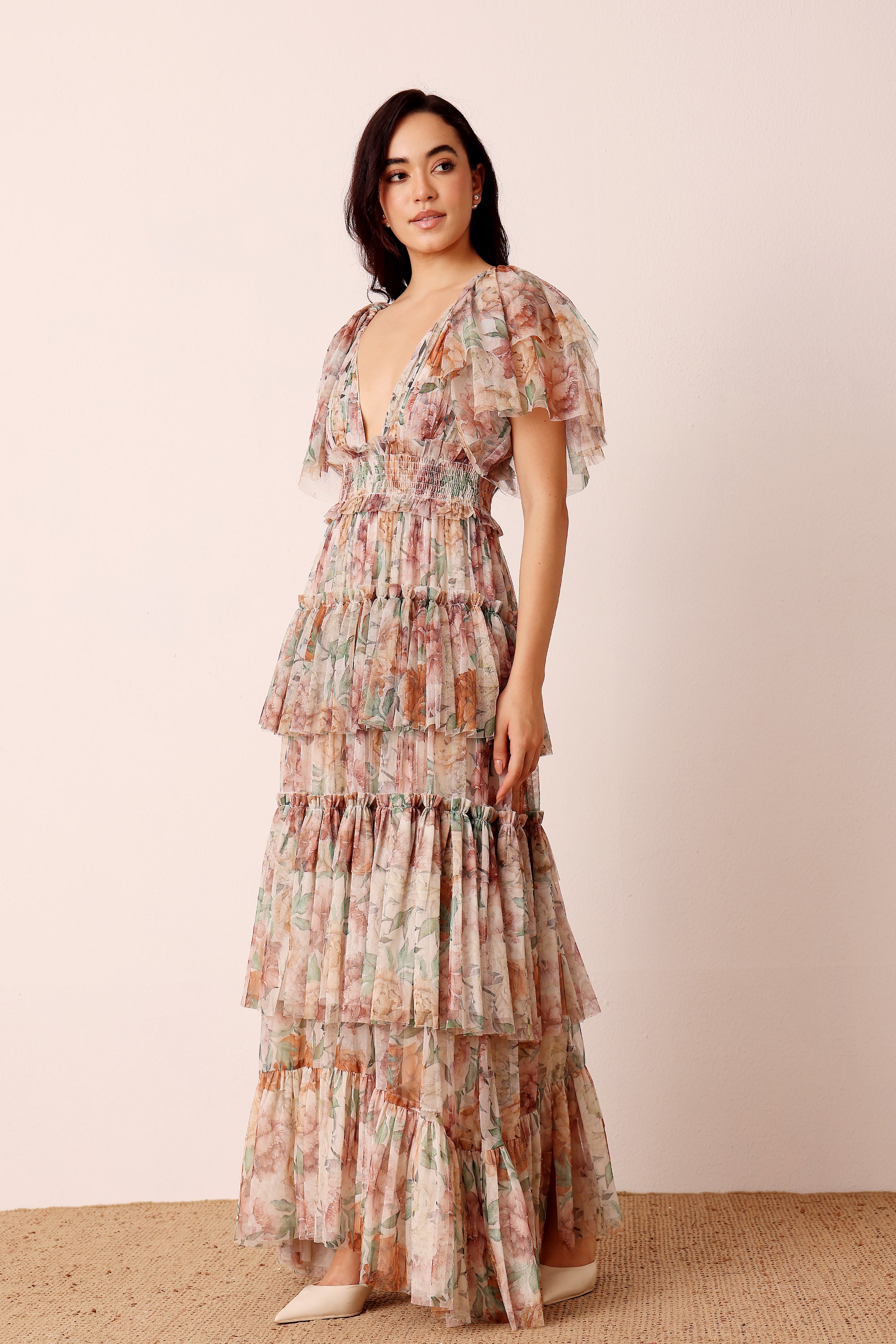 Layered Soft Tulle Light Brown Floral Maxi Flutter Sleeve Maxi Dress