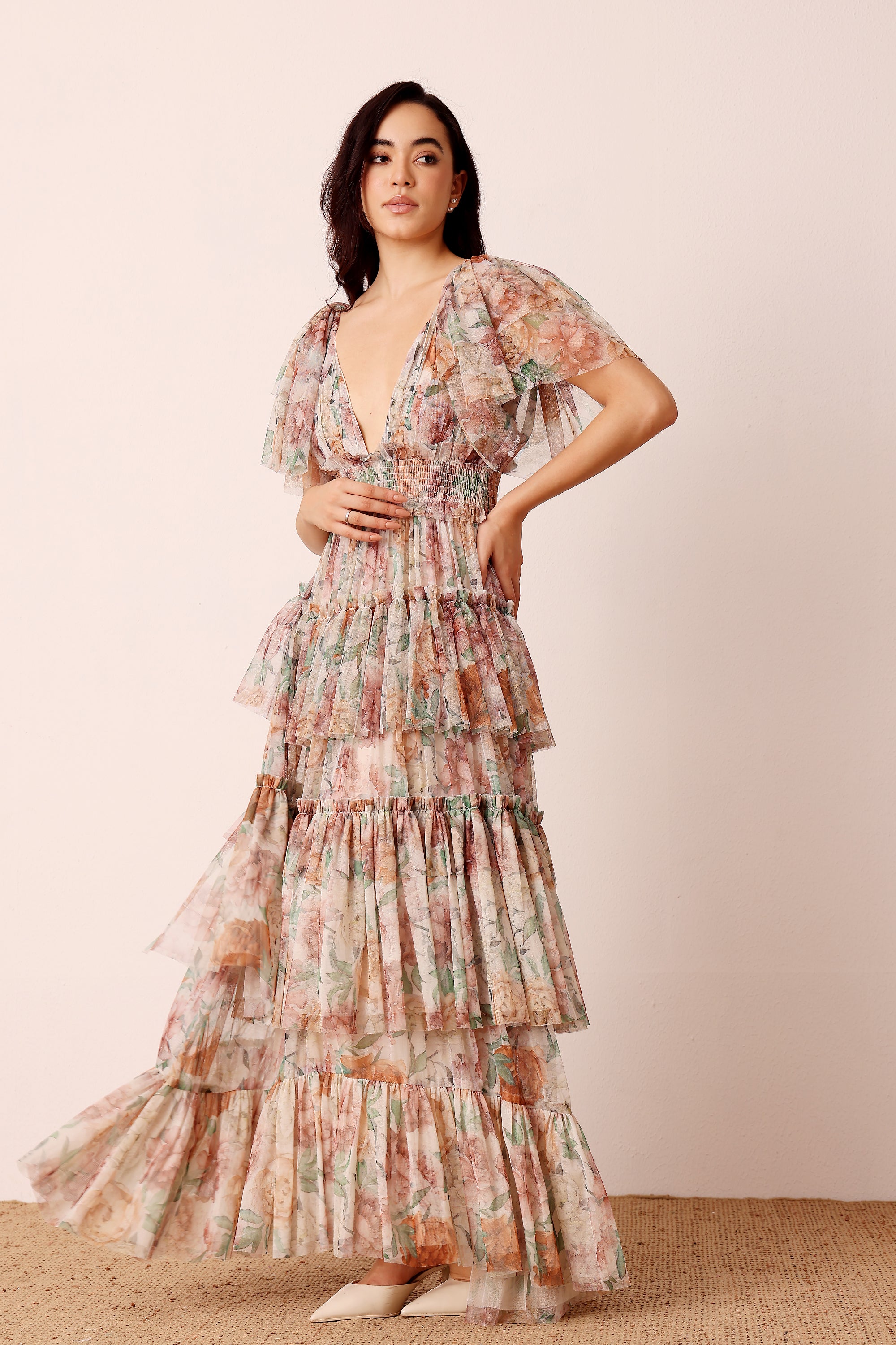 Layered Soft Tulle Light Brown Floral Maxi Flutter Sleeve Maxi Dress