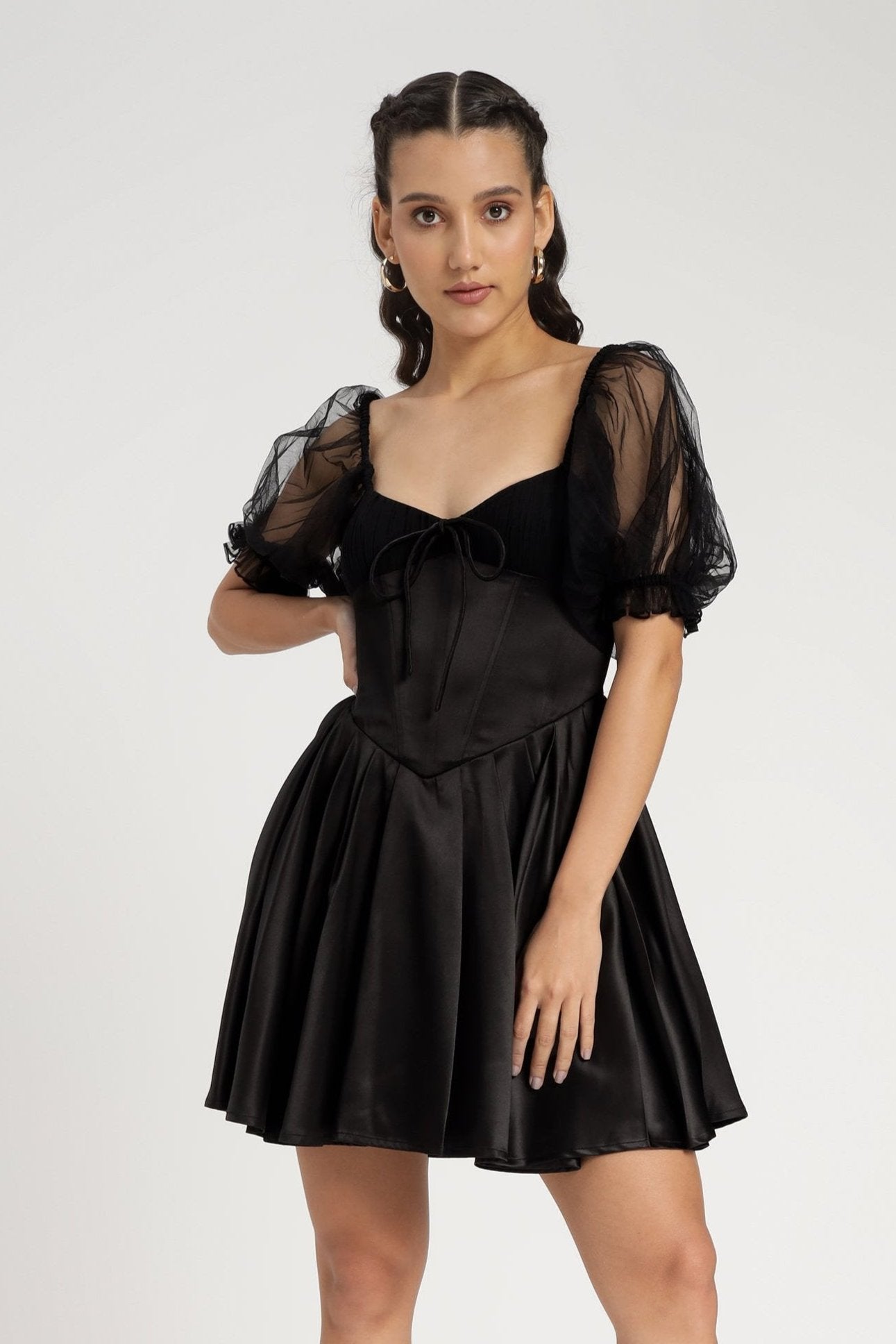 Black satin mini corset puff-sleeve sweetheart-neckline