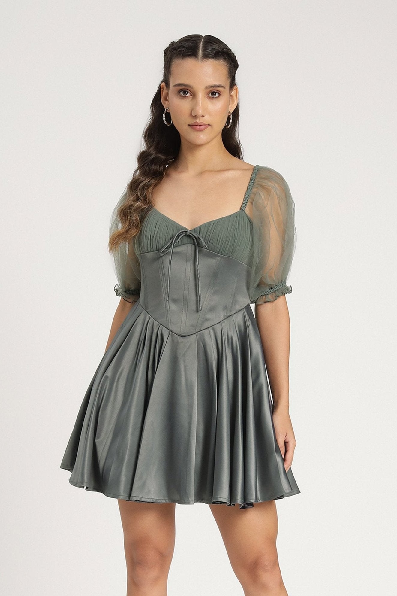 Grey Green satin mini corset puff-sleeve sweetheart-neckline