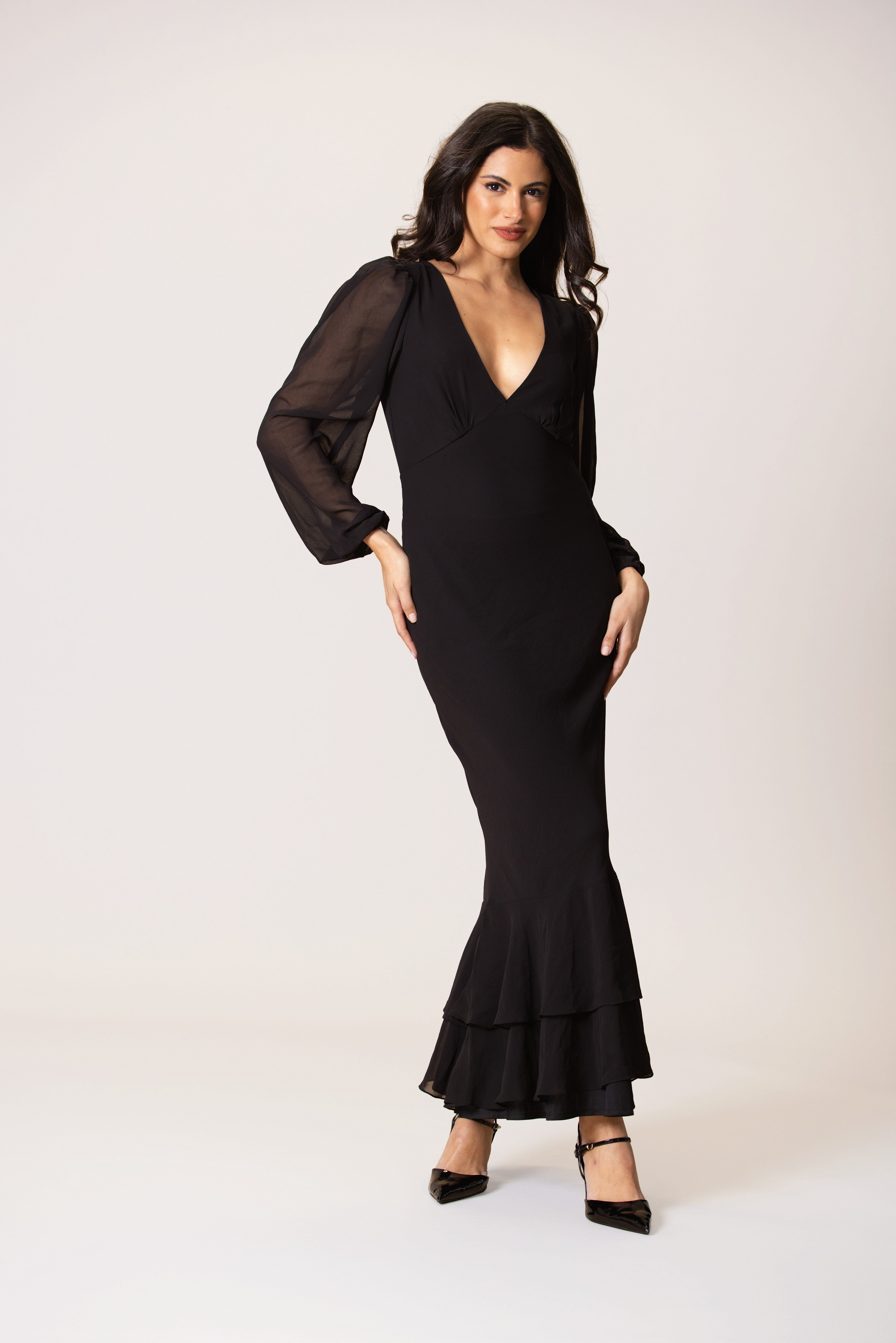 Chiffon long sleeve double hem black v-neckline dinner midaxi dress