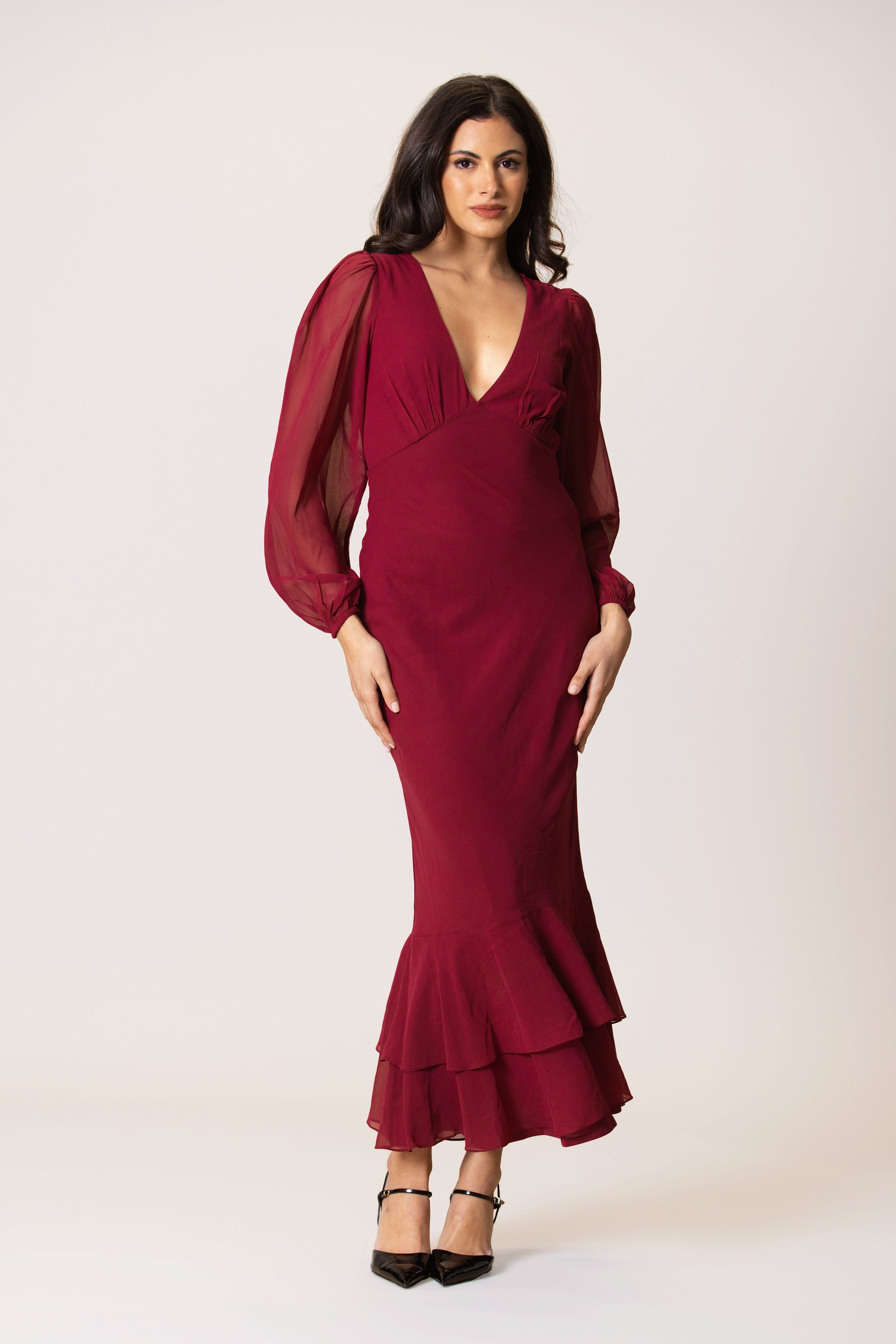 Chiffon long sleeve raspberry pink red midaxi dinner formal dress