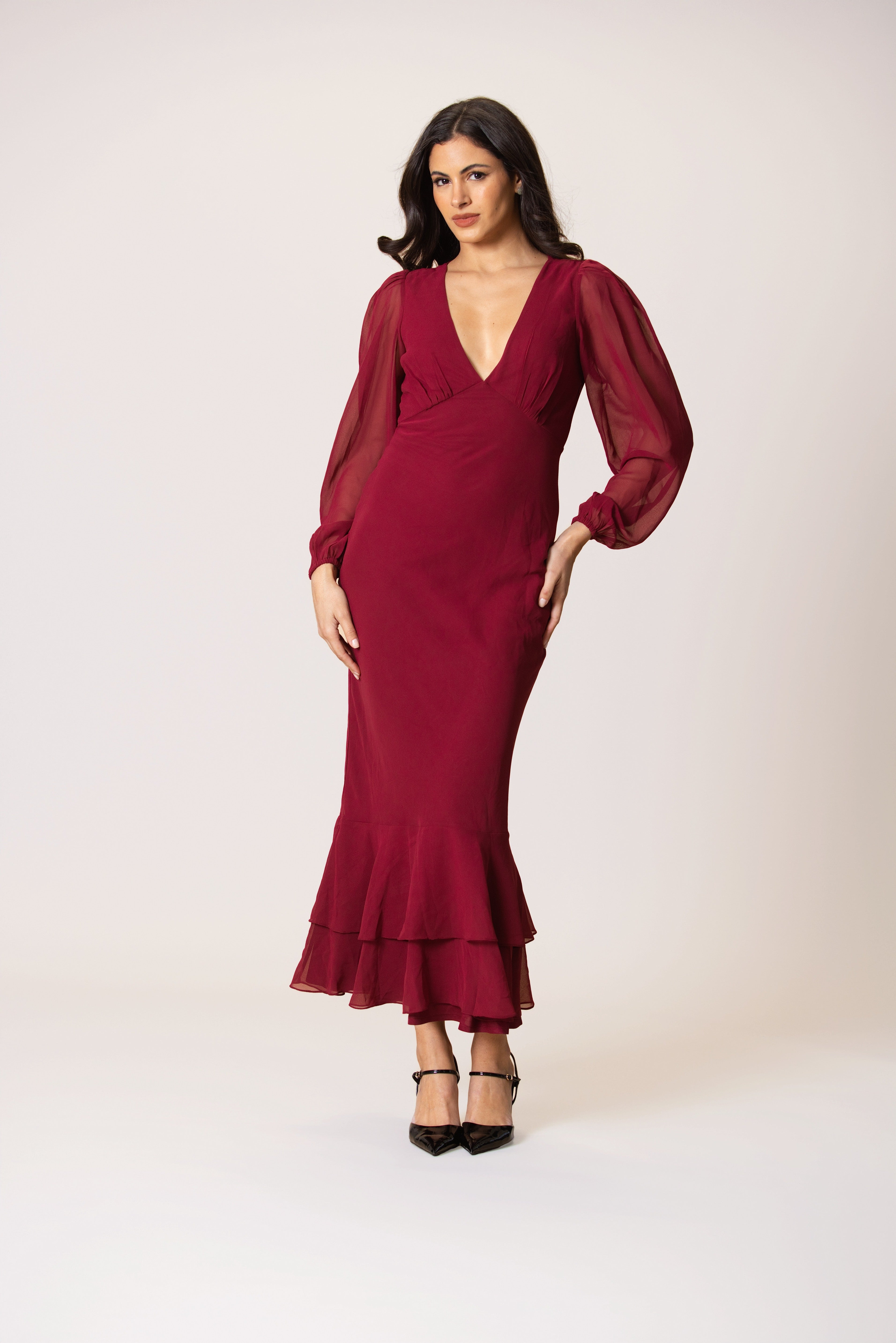 Keziah Chiffon Midaxi Dress in Raspberry