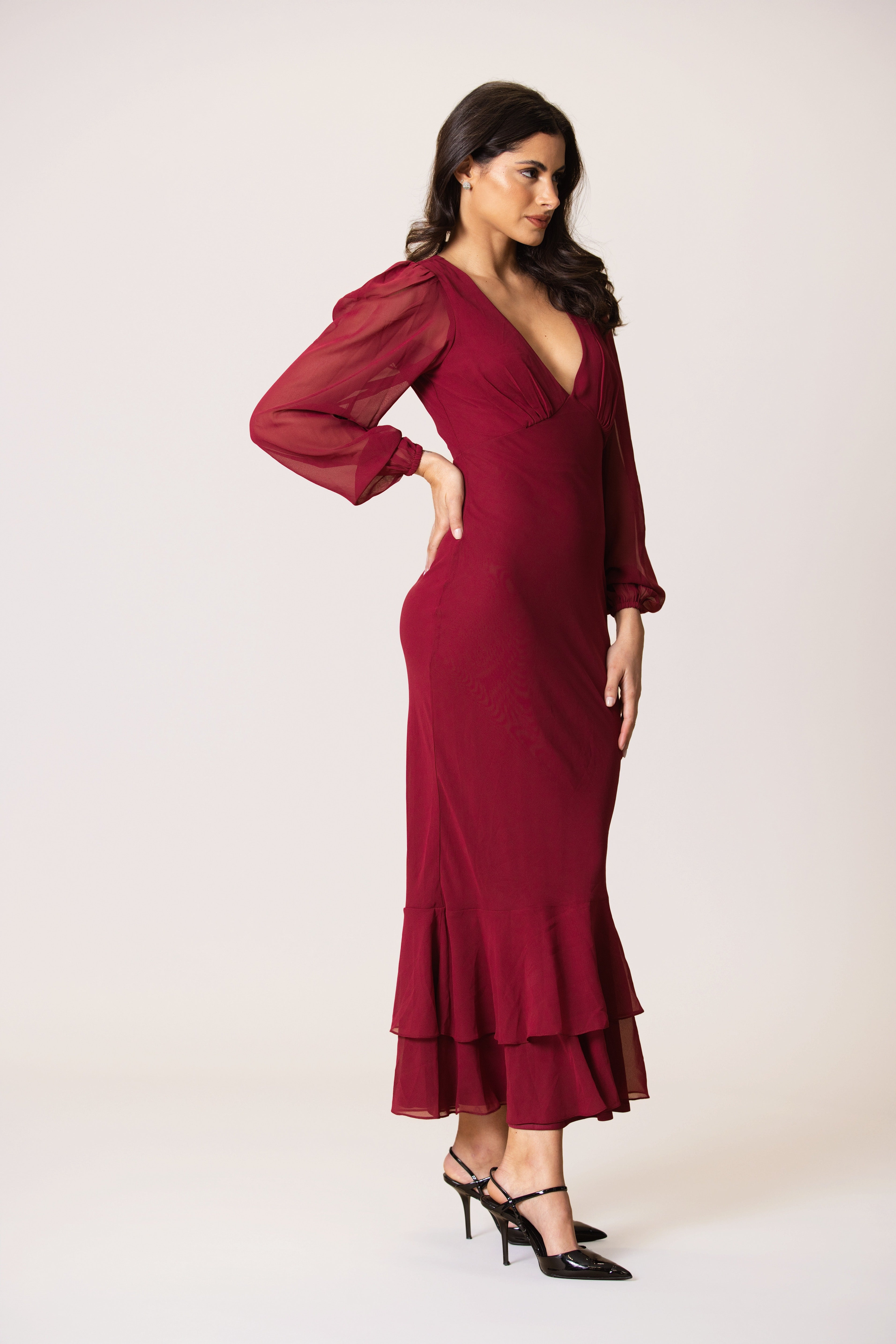 Keziah Chiffon Midaxi Dress in Raspberry