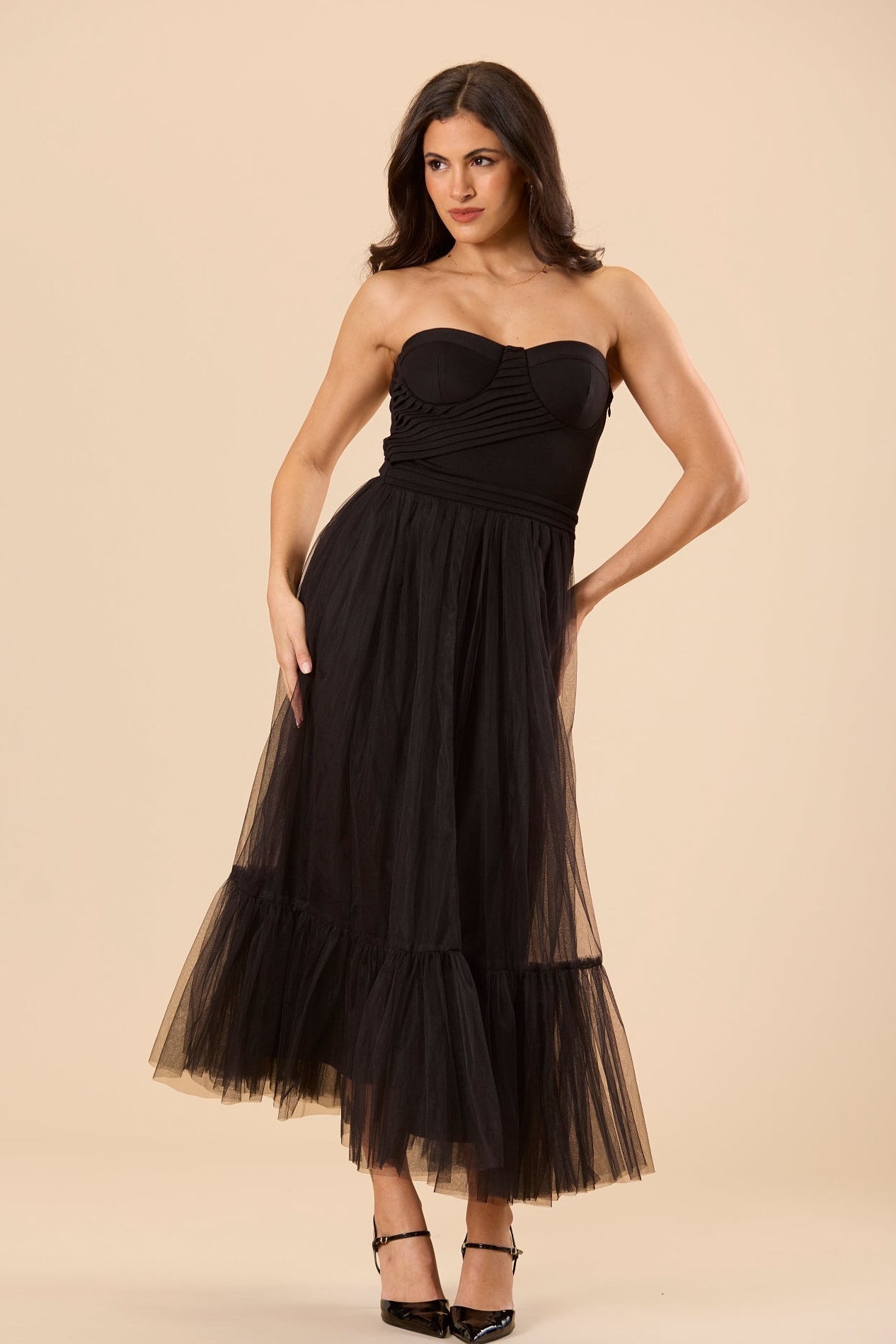 Strapless Jersey Corset Style Tiered Midi Tulle Mesh Cups Black Dress