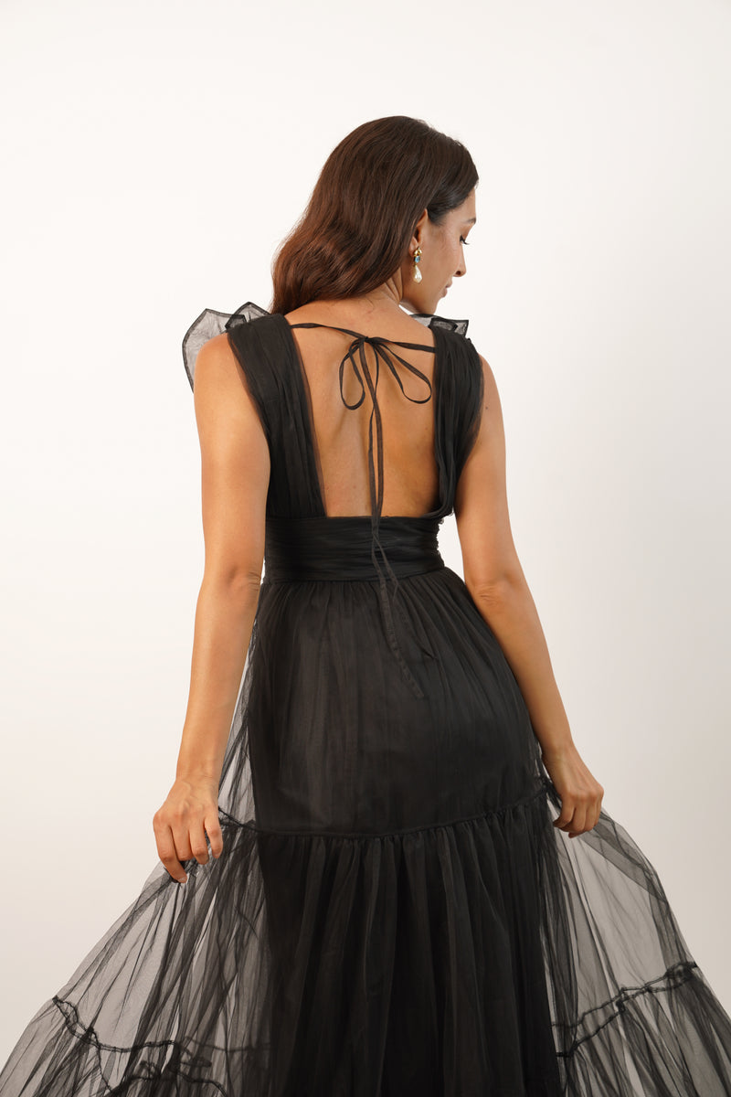 Chana Plunge Corsage Maxi Dress in Black